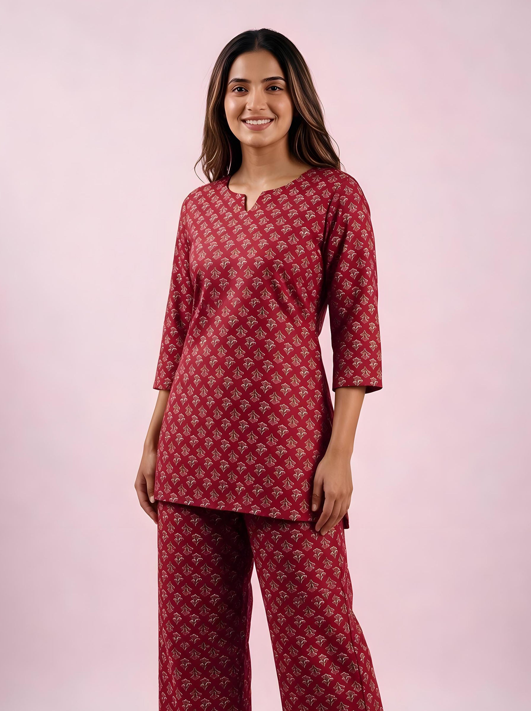 Cotton Kurta Pyjama Co-ord Set – Rose Red