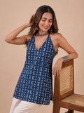 Cotton Halter Neck Short Kurti – Indigo