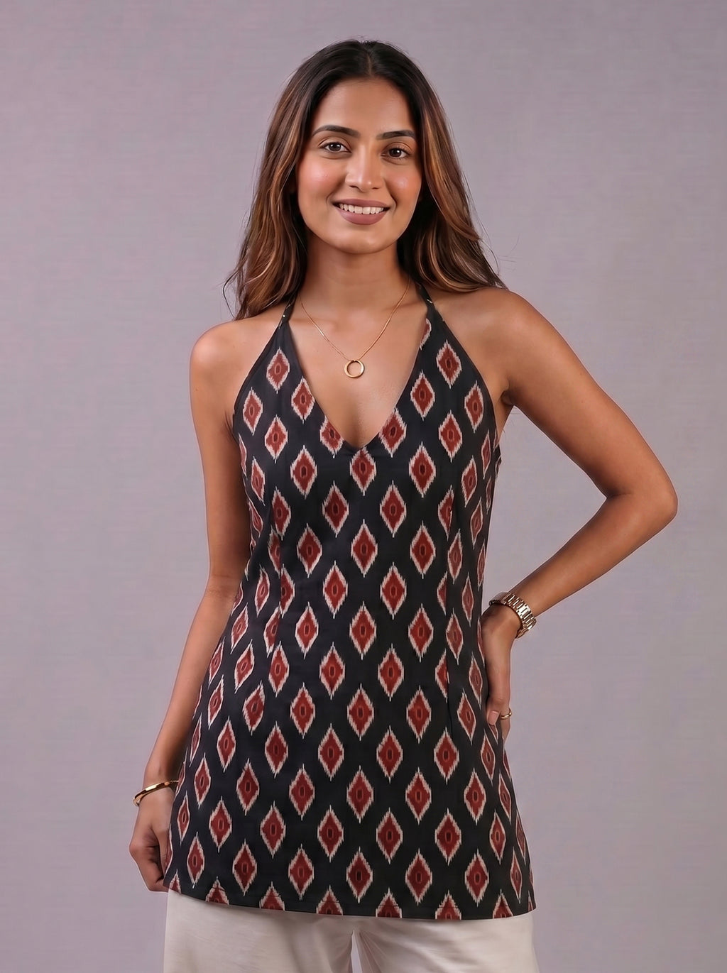 Cotton Halter Neck Short Kurti – Black