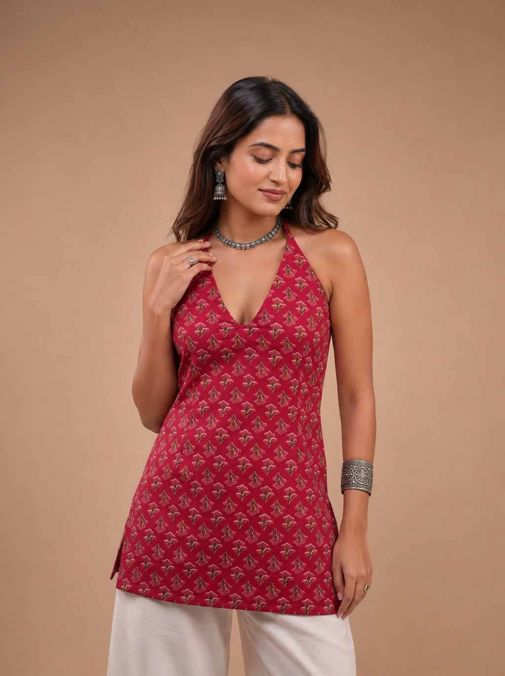Cotton Halter Neck Short Kurti – Rose Red