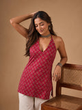 Cotton Halter Neck Short Kurti – Rose Red