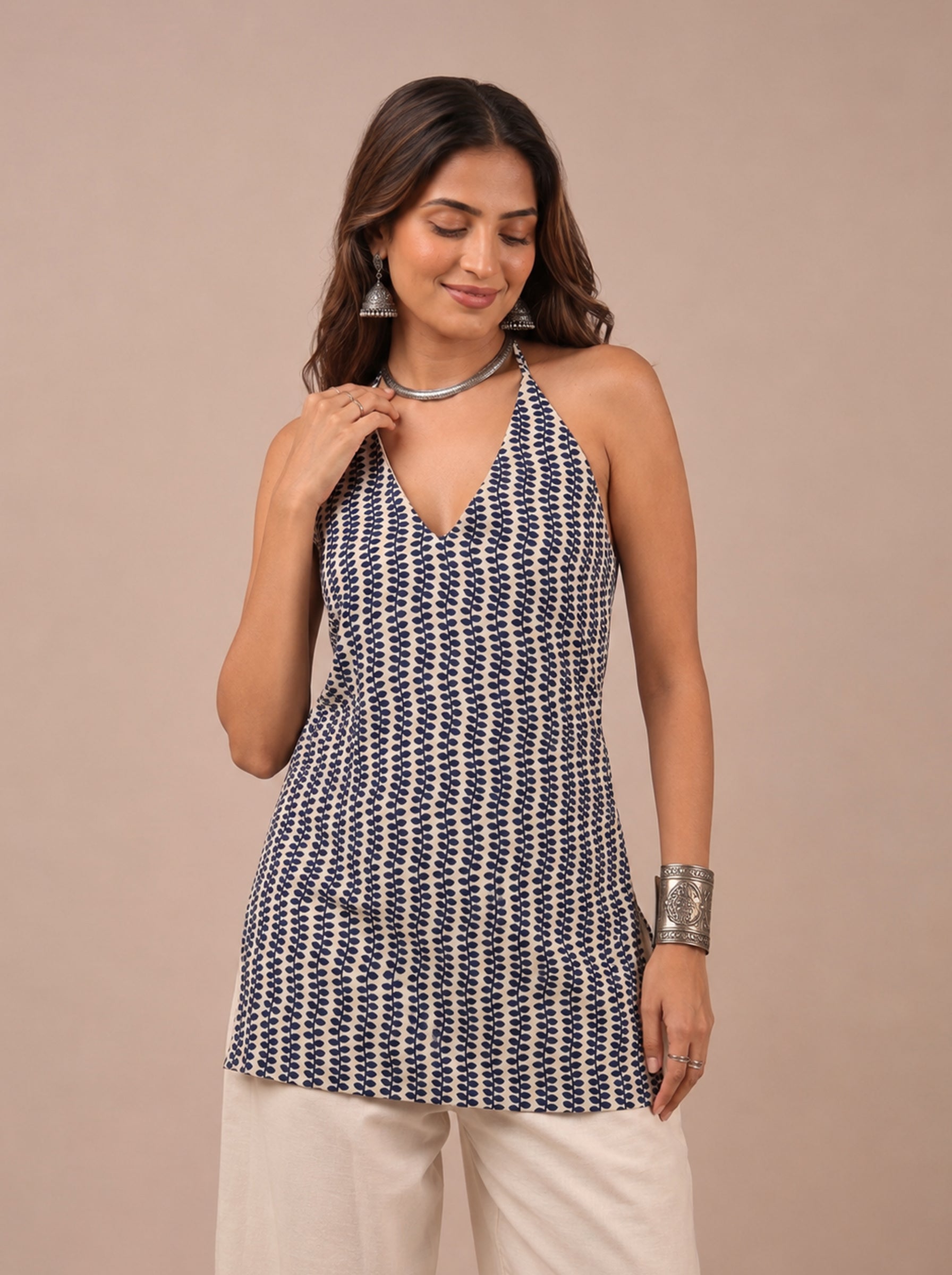 Cotton Halter Neck Short Kurti – Off-White with Indigo
