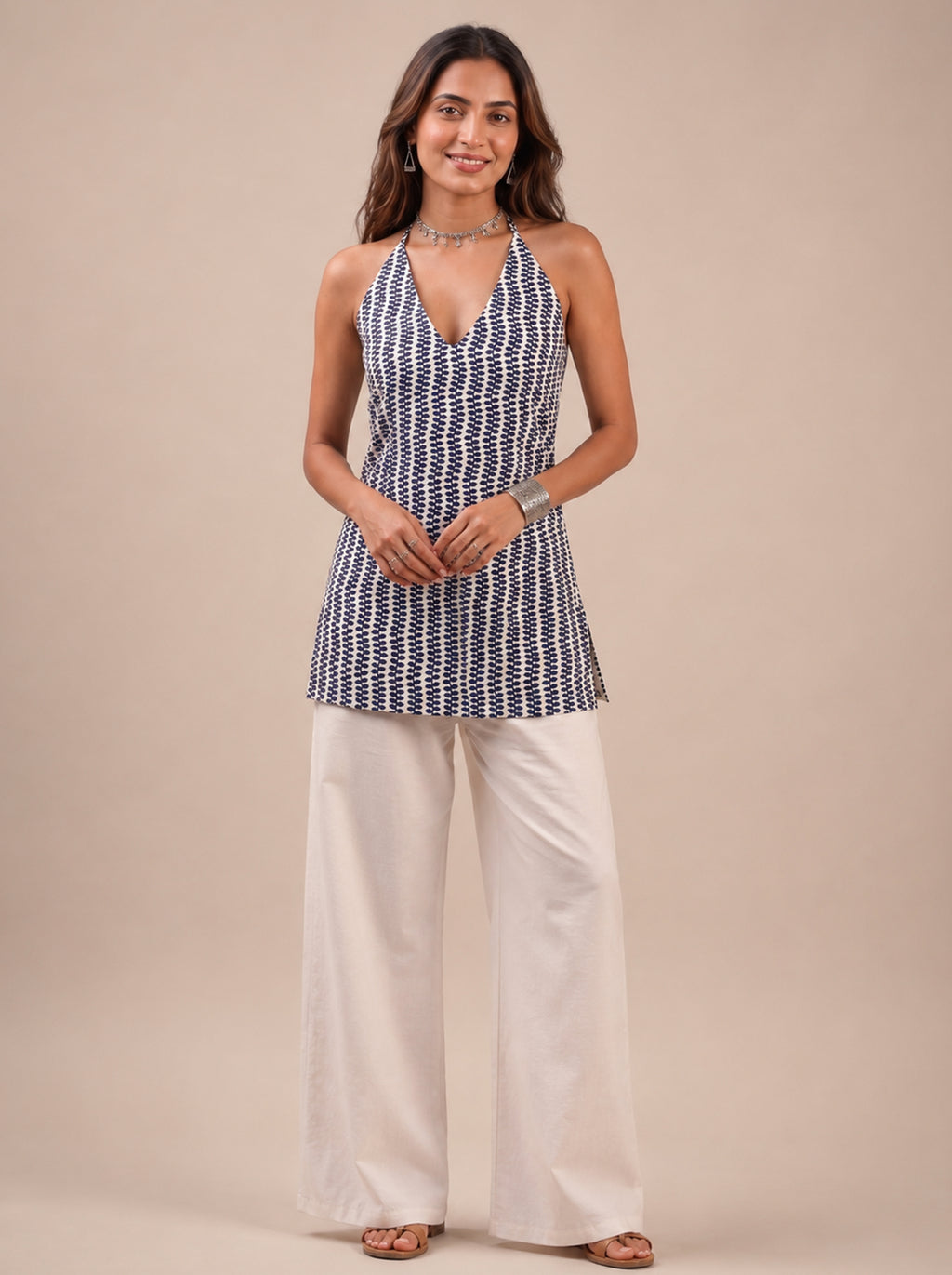 Cotton Halter Neck Short Kurti – Off-White with Indigo