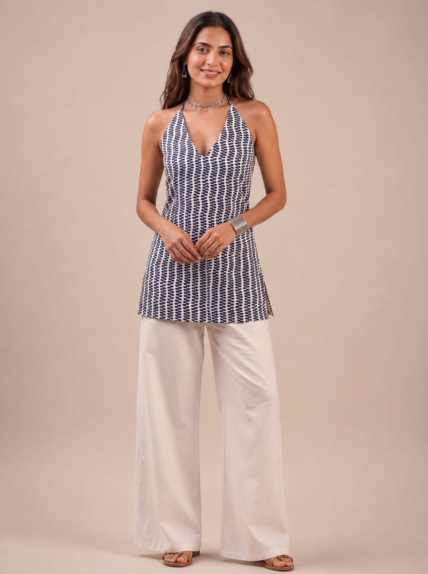Cotton Halter Neck Short Kurti – Off-White with Indigo