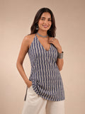 Cotton Halter Neck Short Kurti – Off-White with Indigo