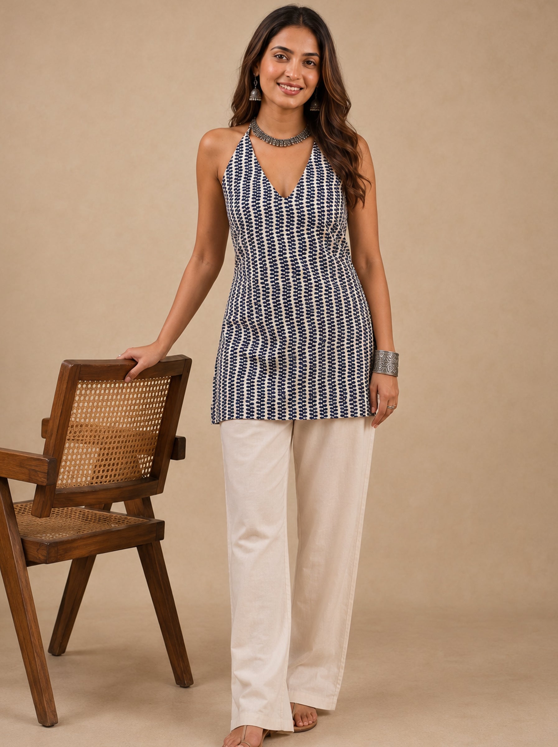 Cotton Halter Neck Short Kurti – Off-White with Indigo