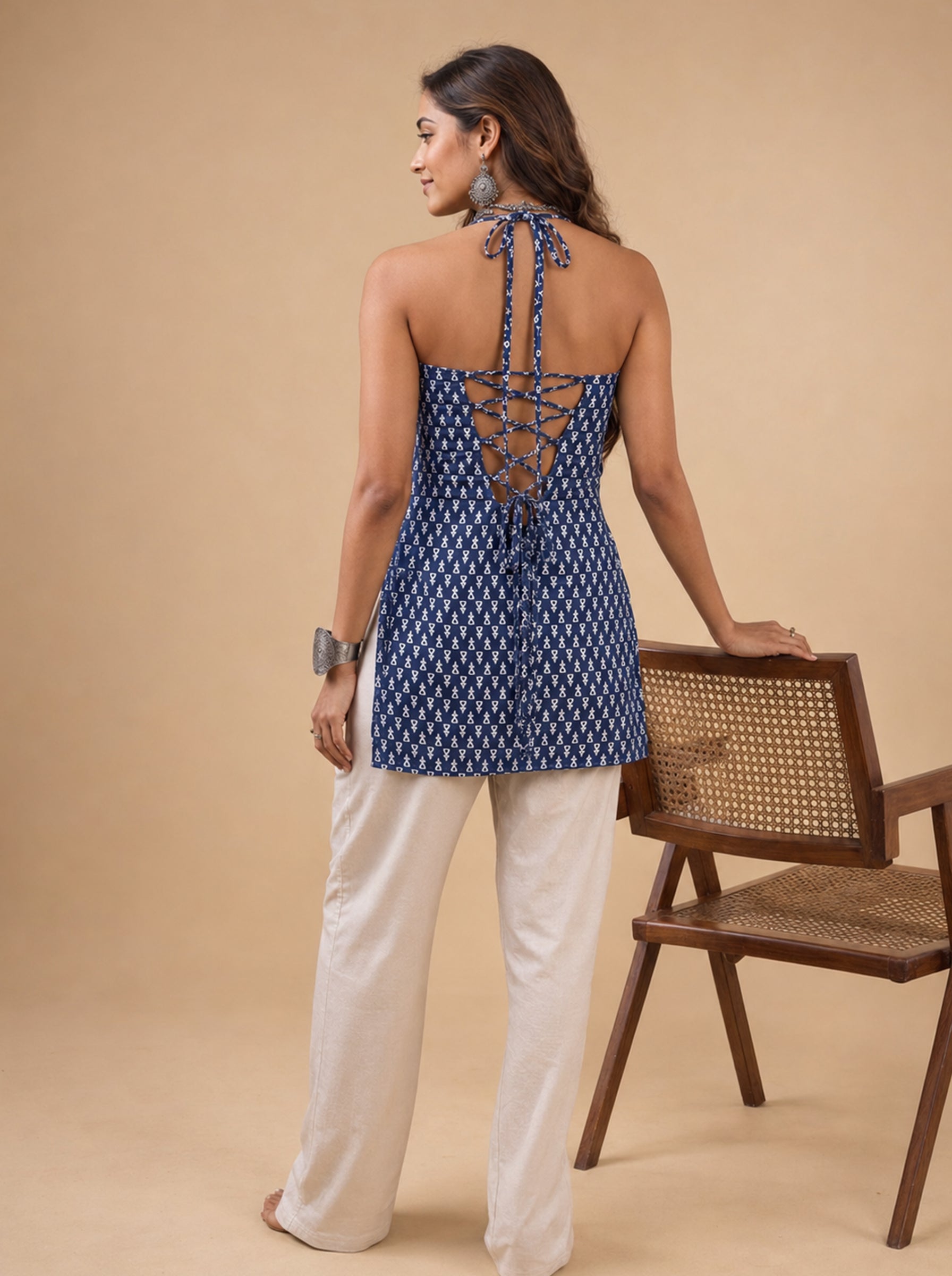 Cotton Halter Neck Short Kurti – Blue