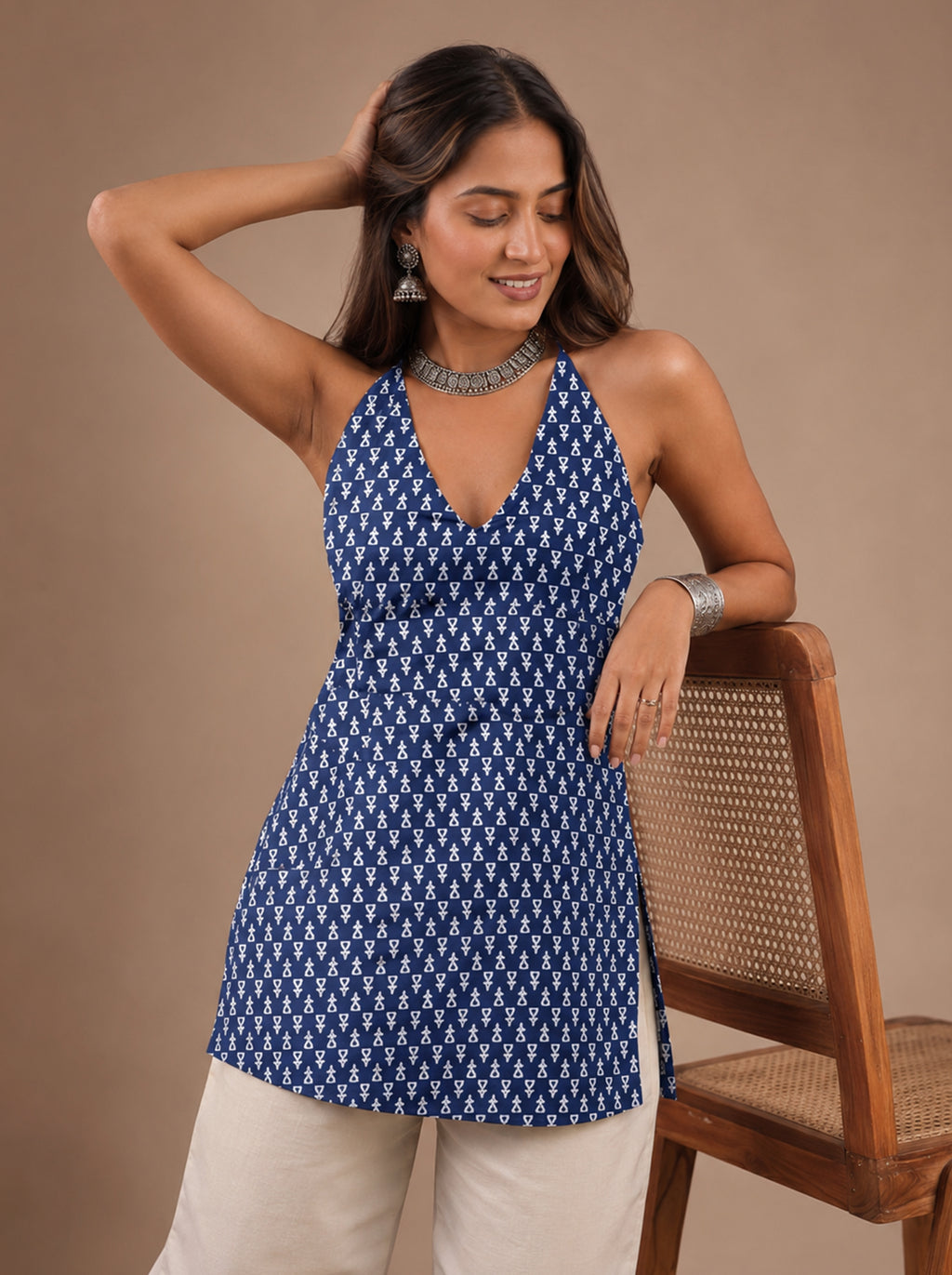 Cotton Halter Neck Short Kurti – Blue