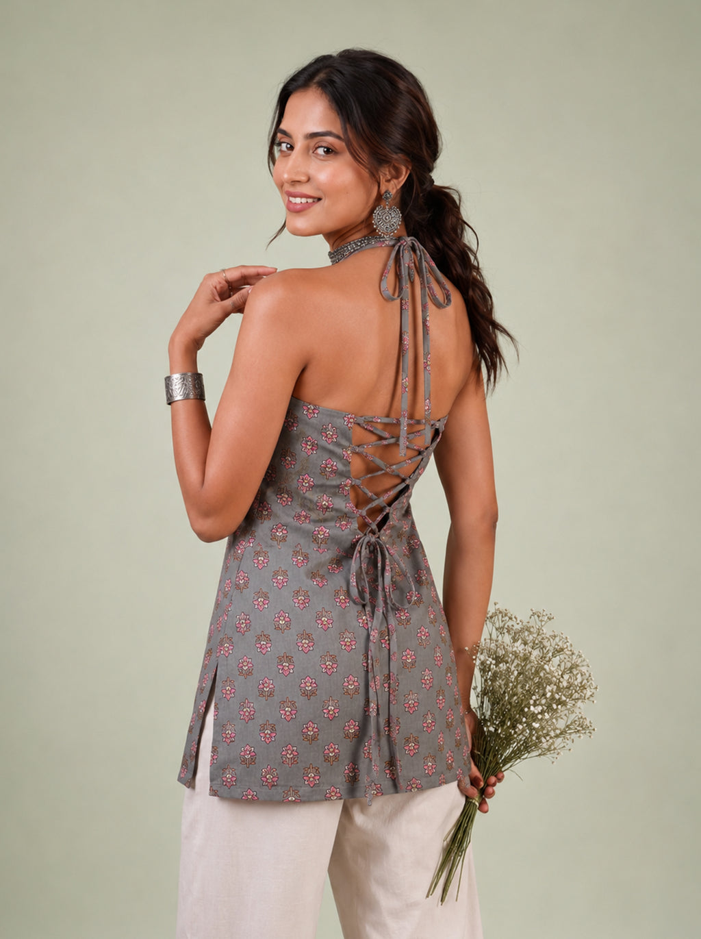 Cotton Halter Neck Short Kurti – Grey