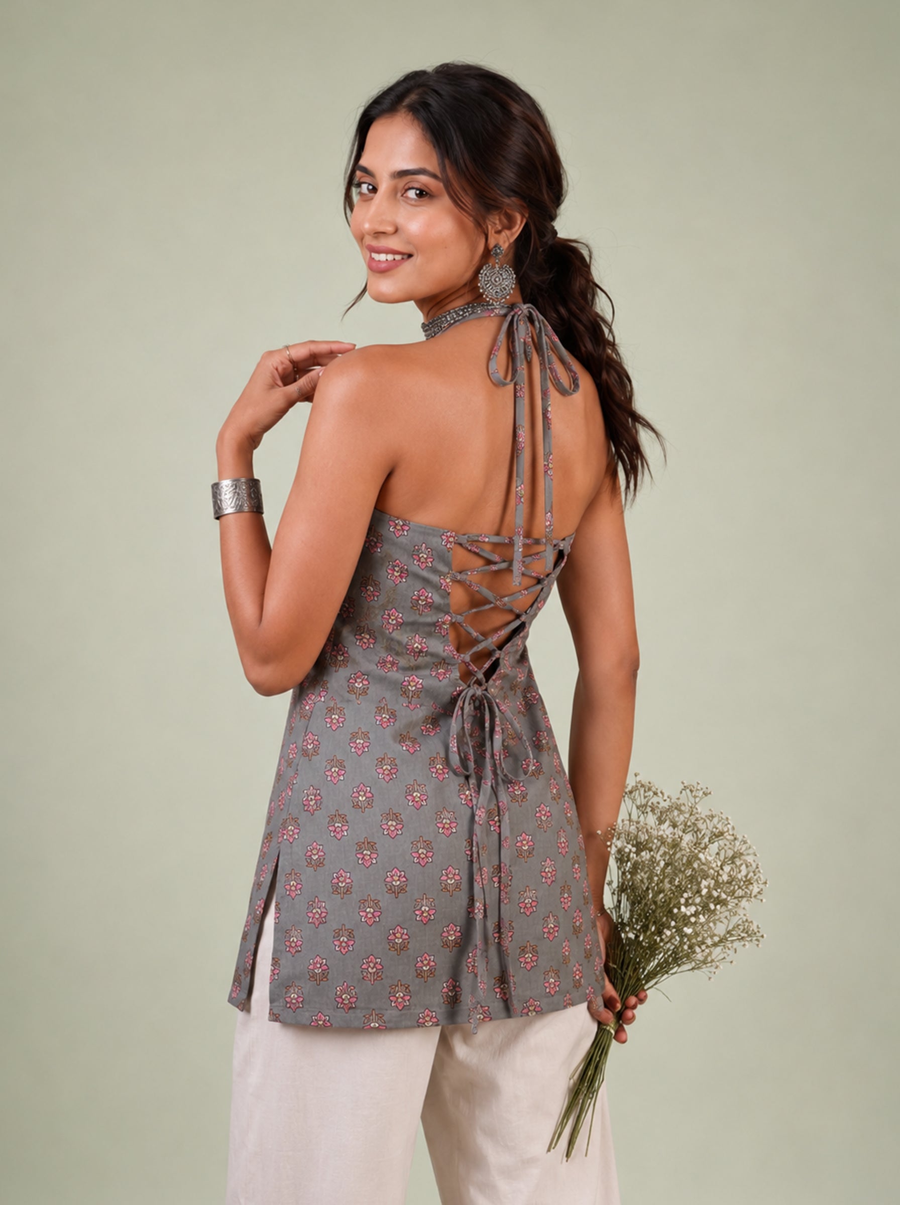 Cotton Halter Neck Short Kurti – Grey