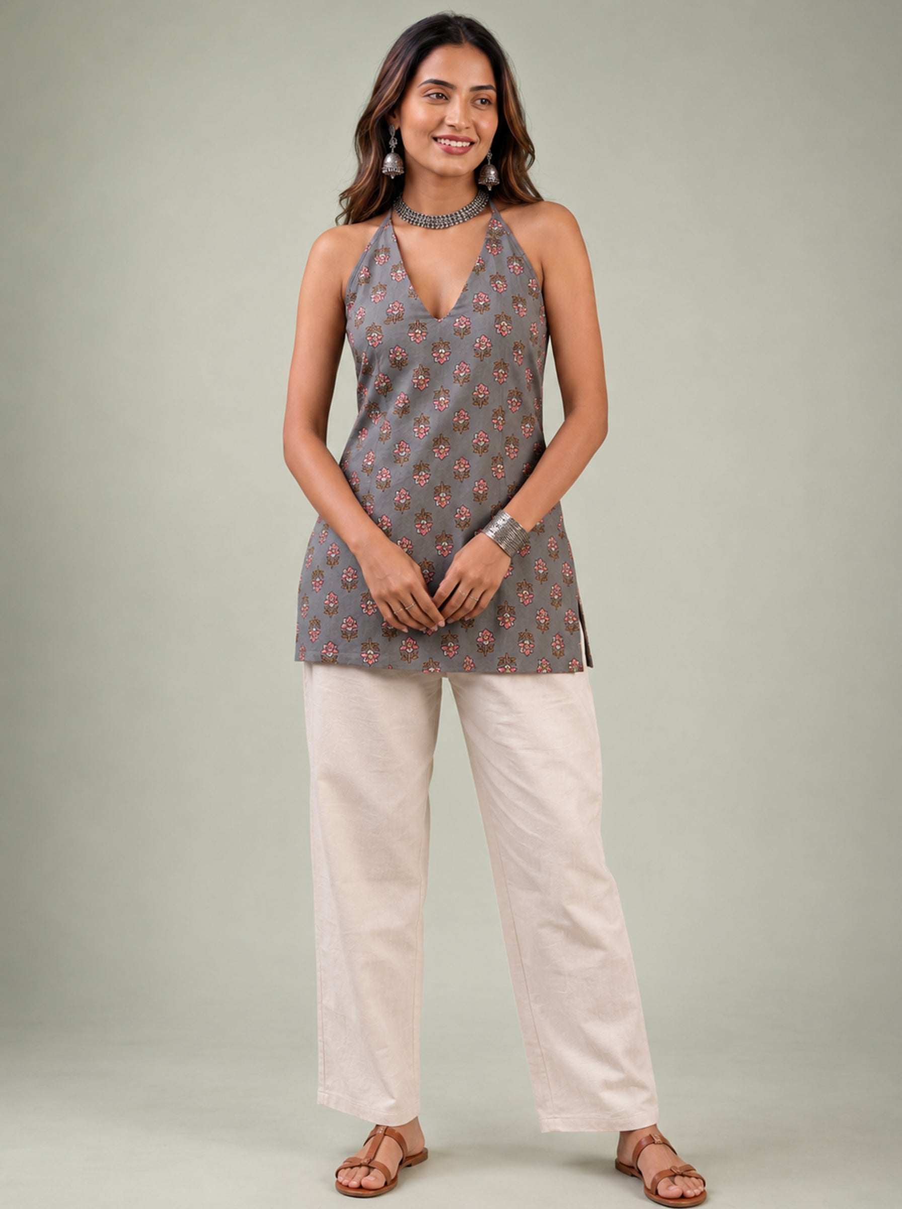 Cotton Halter Neck Short Kurti – Grey