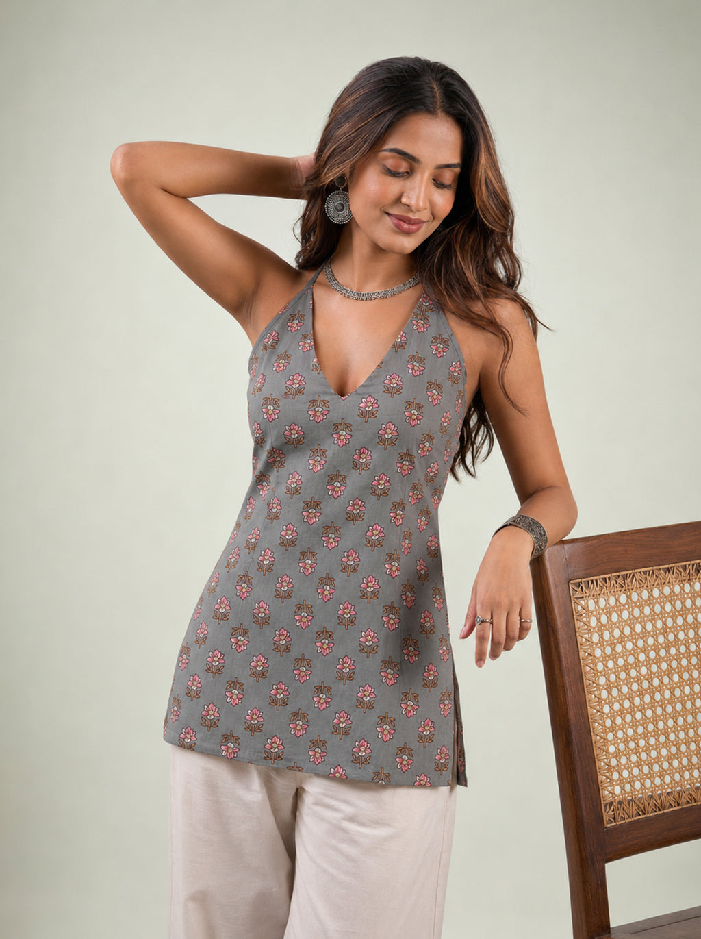Cotton Halter Neck Short Kurti – Grey