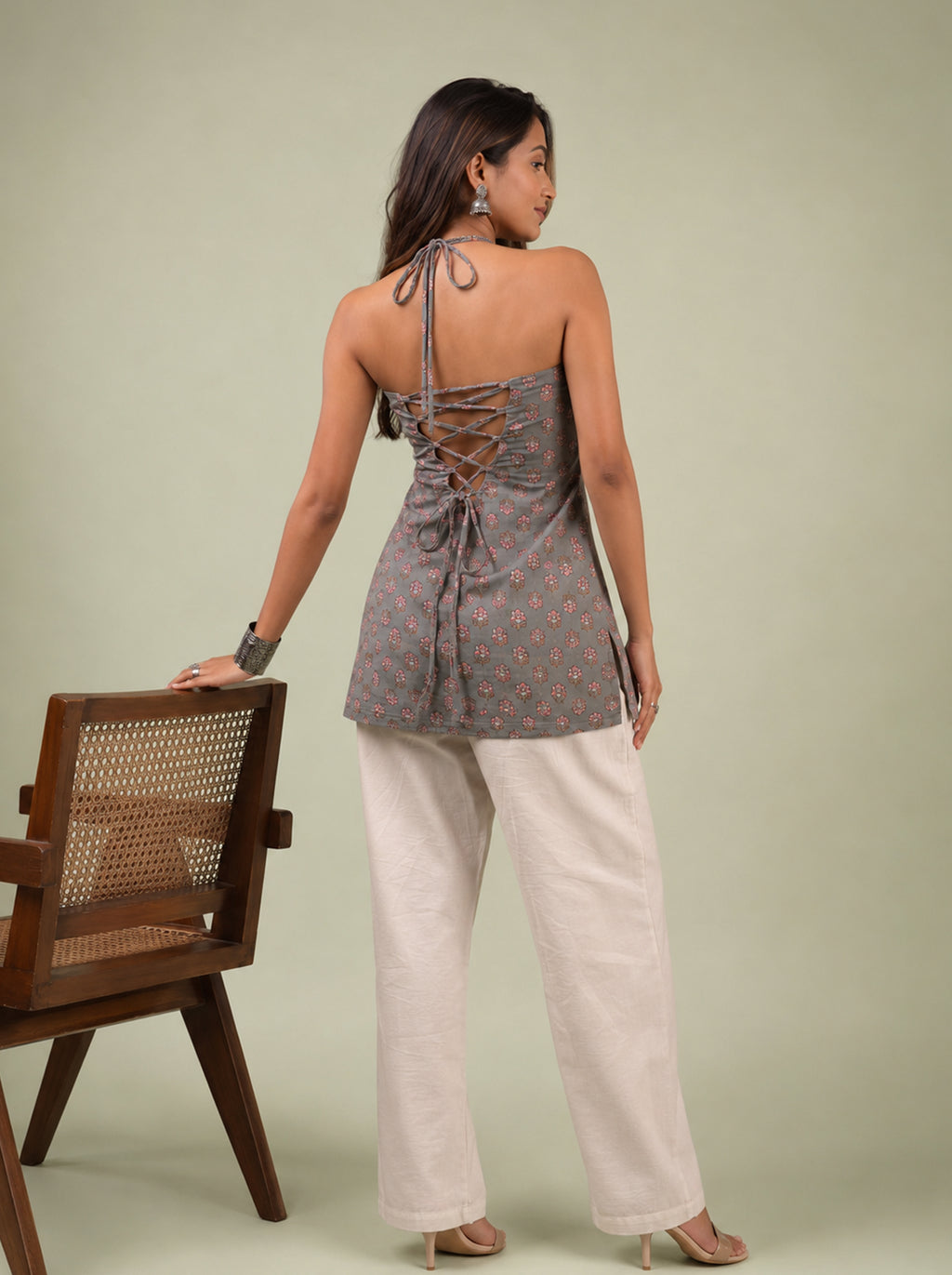 Cotton Halter Neck Short Kurti – Grey