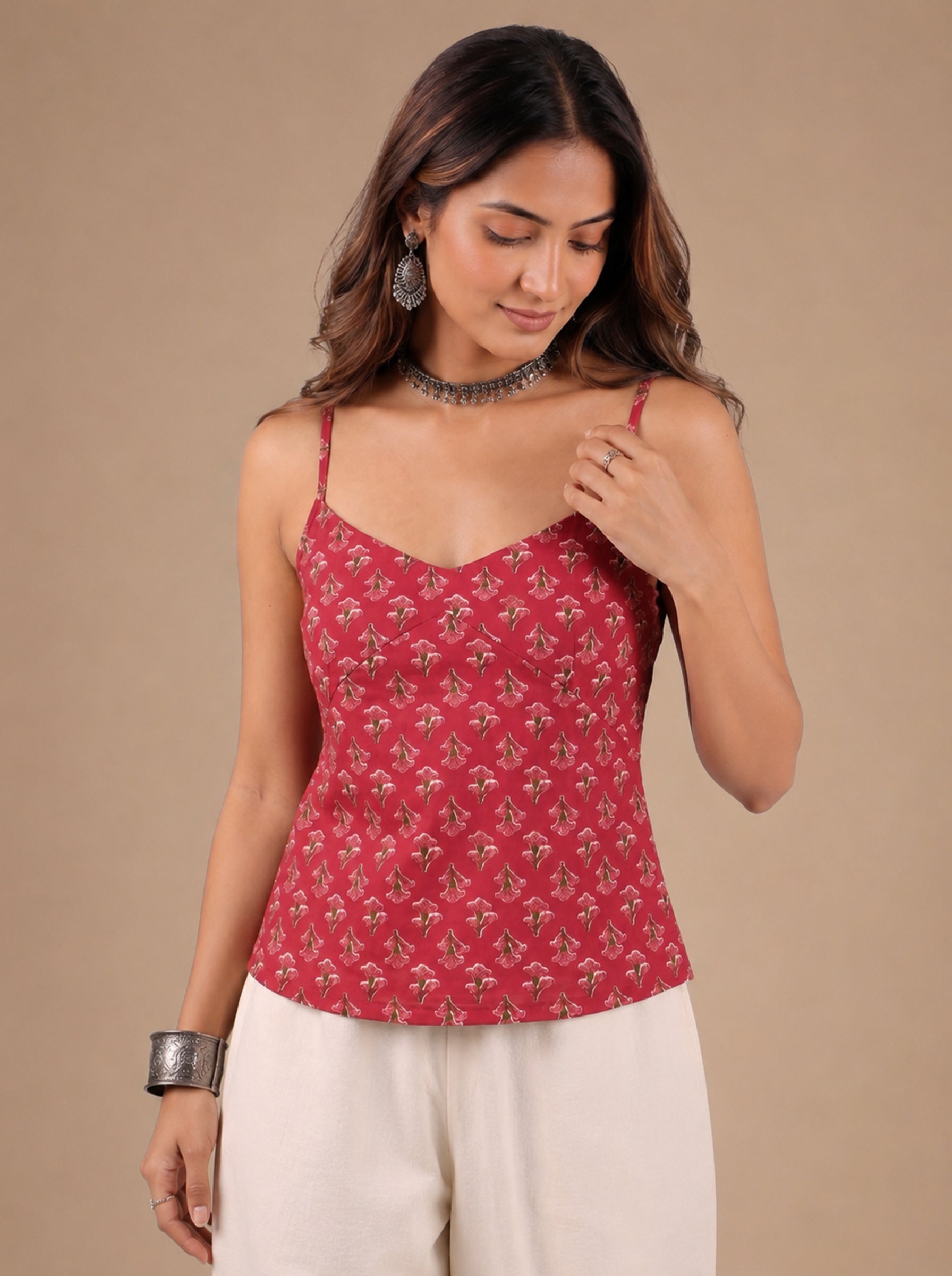 Cotton V Neck Top - Rose Red