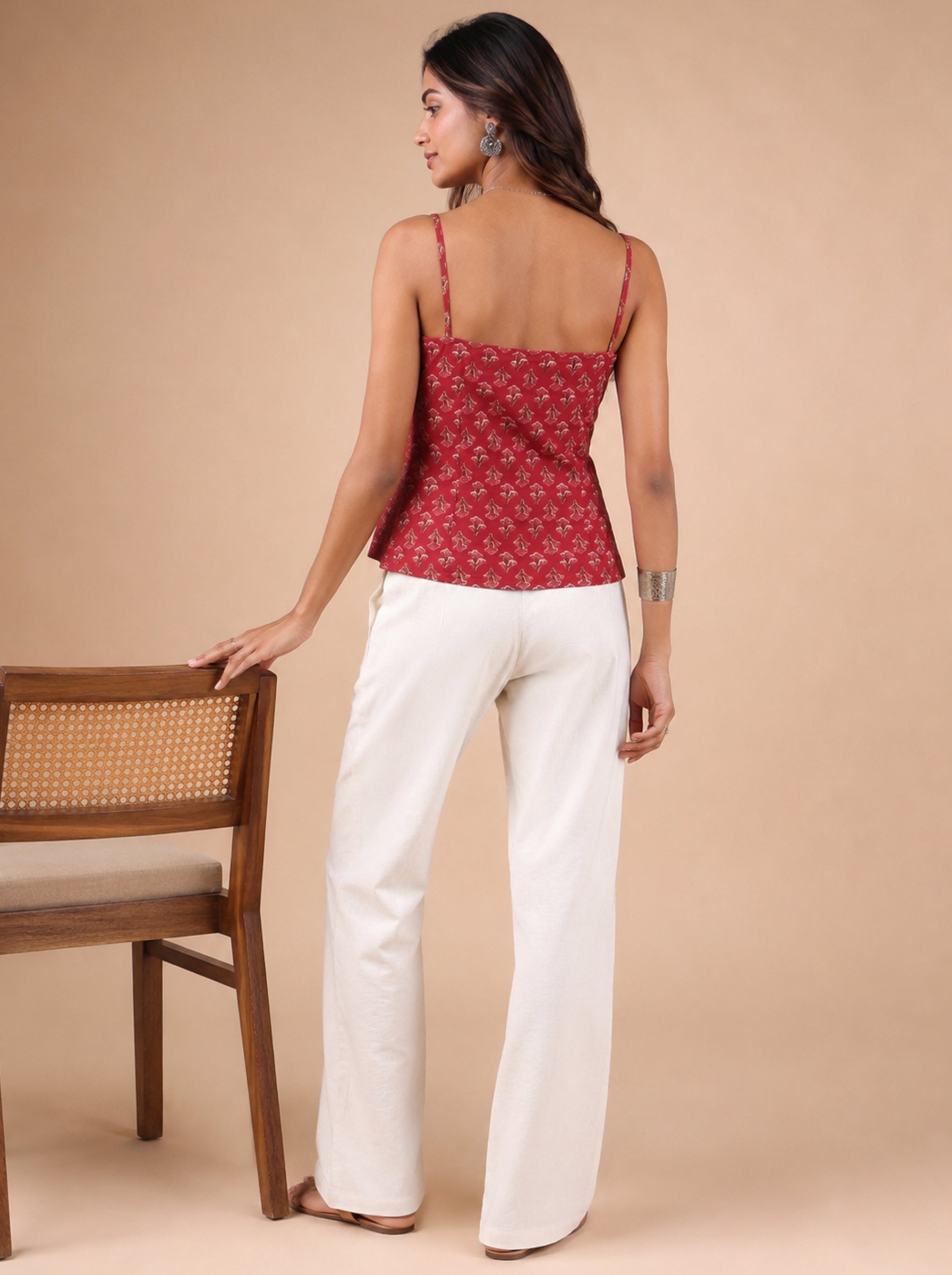 Cotton V Neck Top - Rose Red