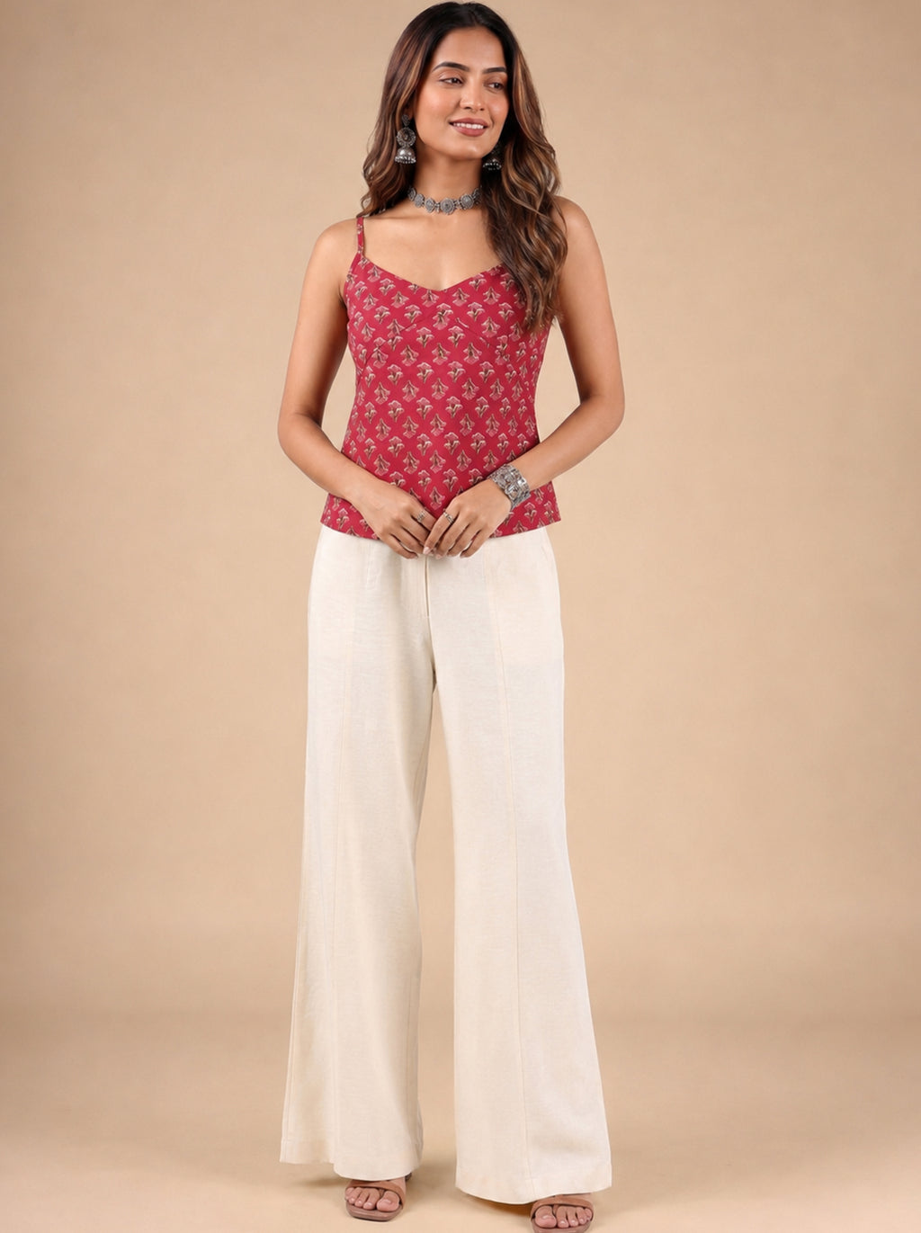 Cotton V Neck Top - Rose Red