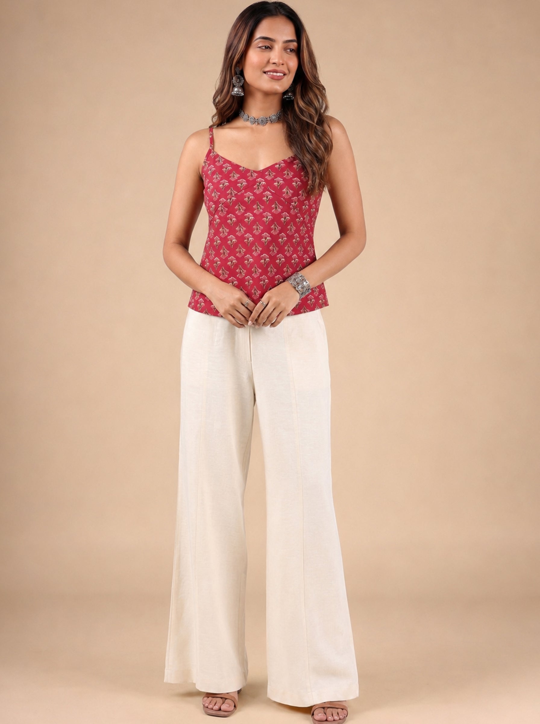 Cotton V Neck Top - Rose Red