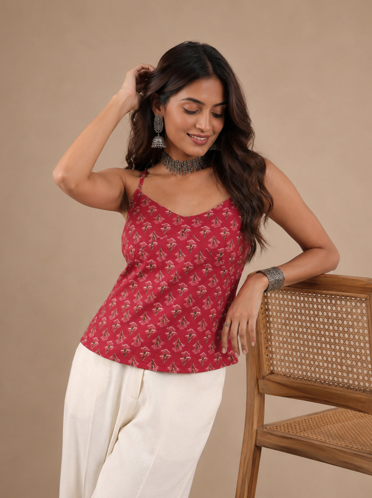 Cotton V Neck Top - Rose Red