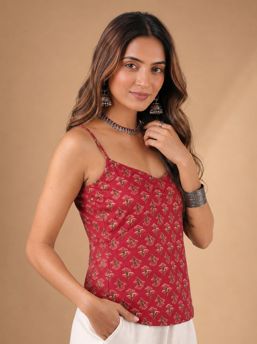 Cotton V Neck Top - Rose Red