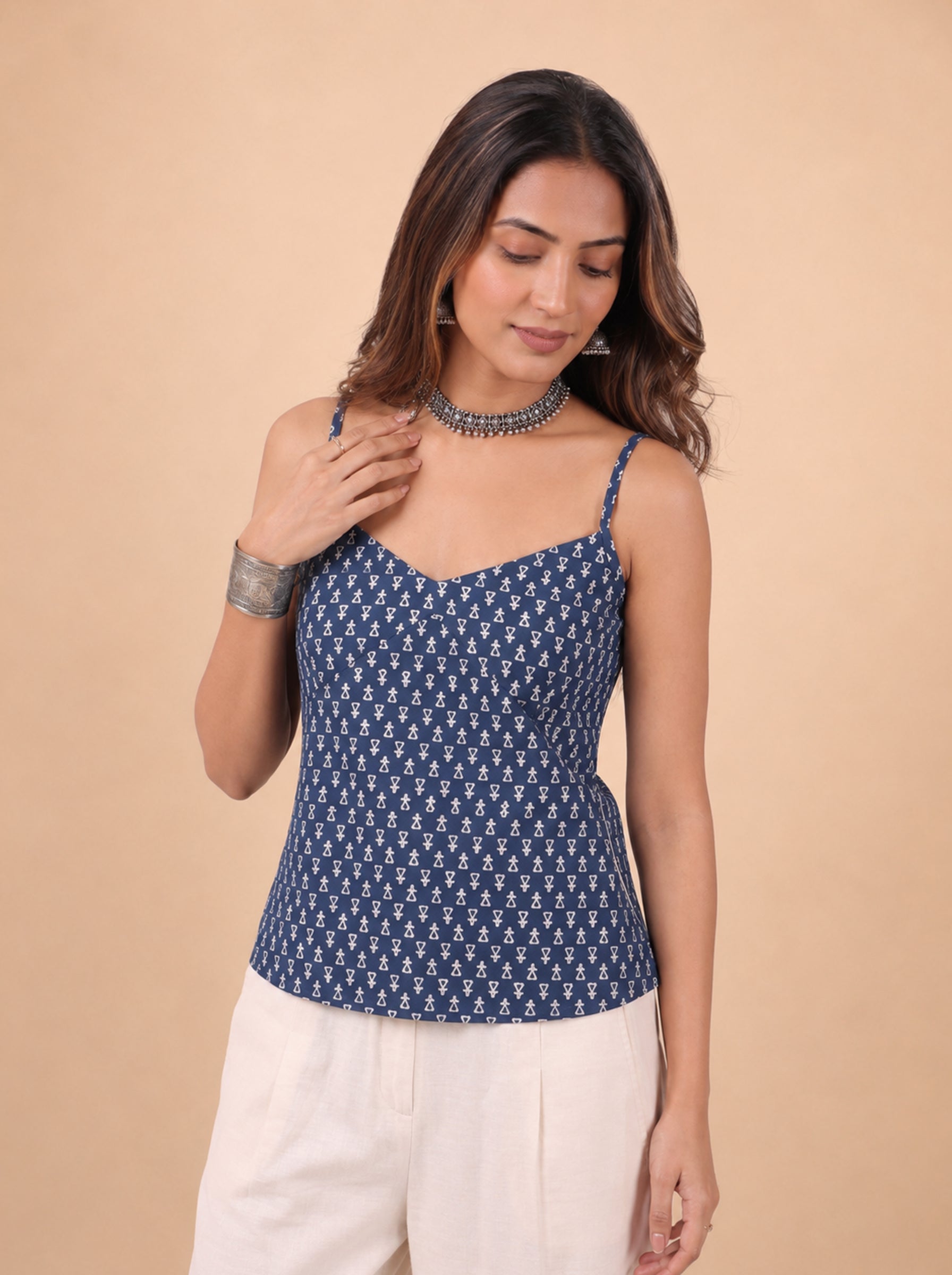 Cotton V Neck Top - Navy Blue