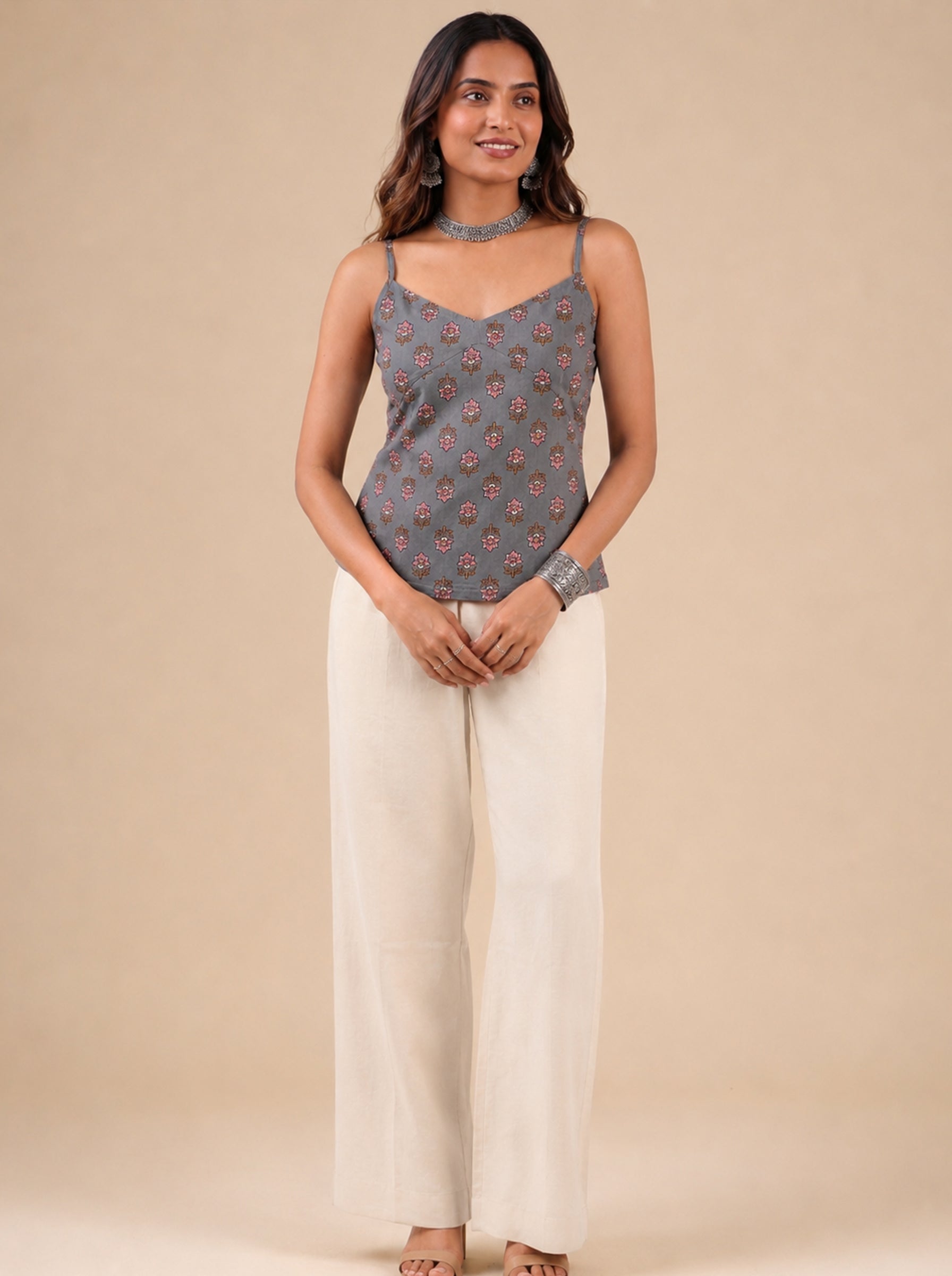 Cotton V Neck Top - Grey