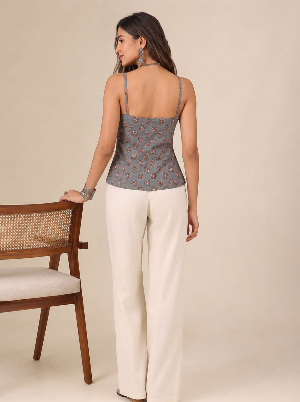 Cotton V Neck Top - Grey