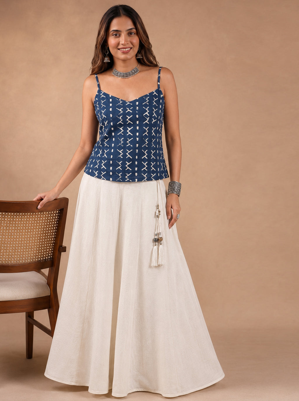 Cotton V Neck Top - Indigo