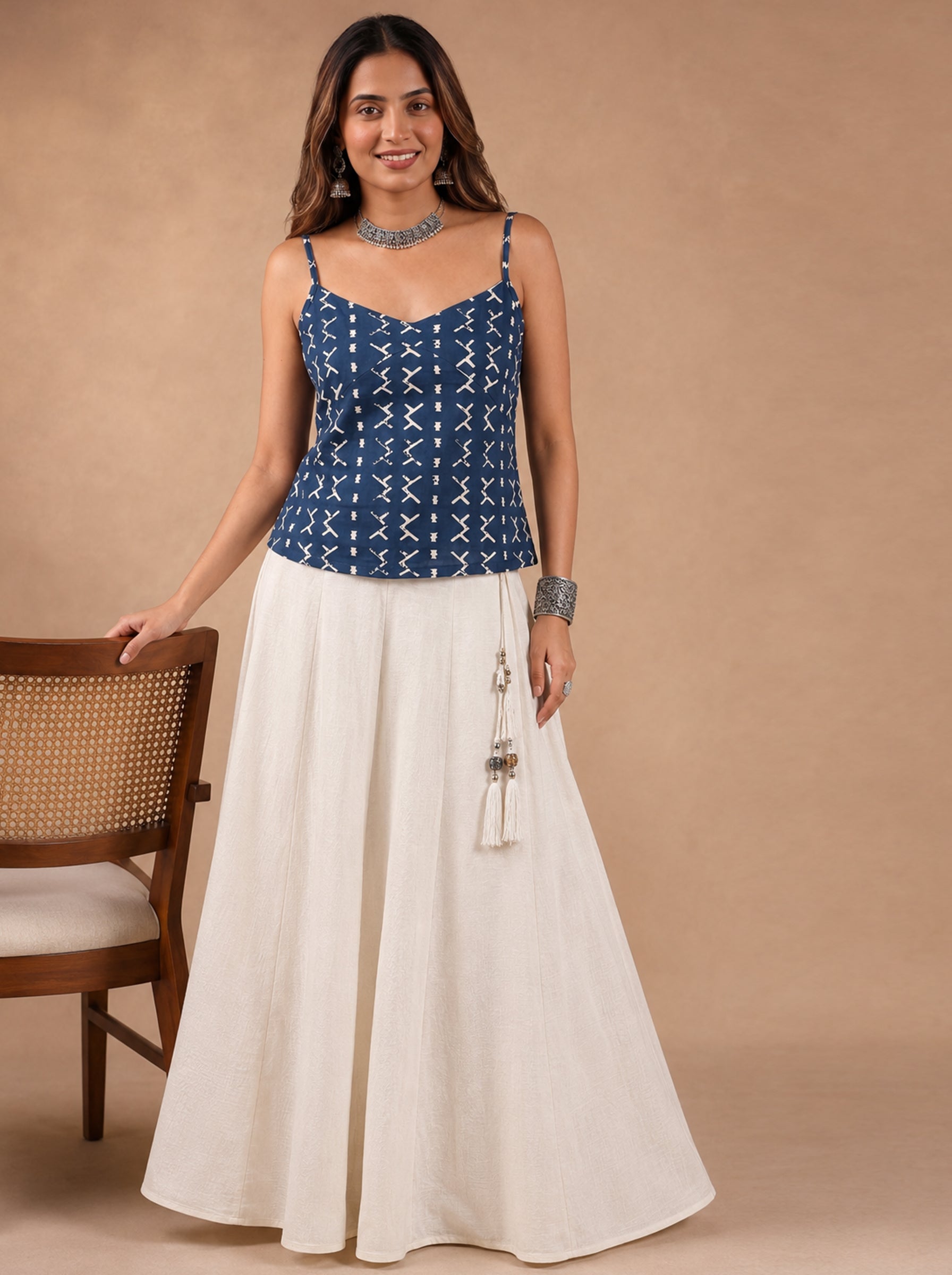 Cotton V Neck Top - Indigo