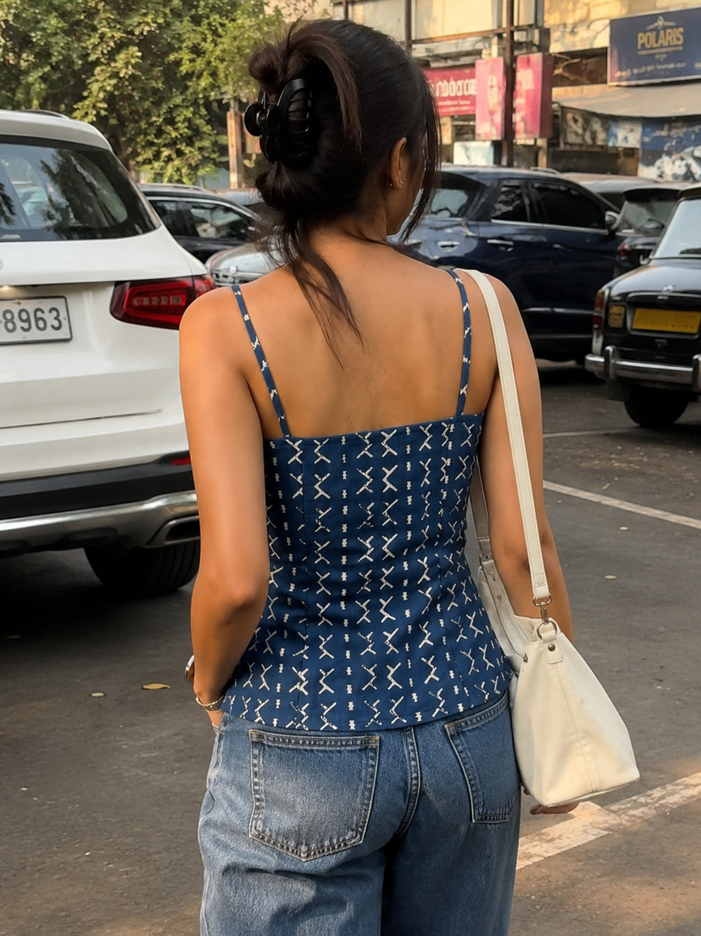 Cotton V Neck Top - Indigo