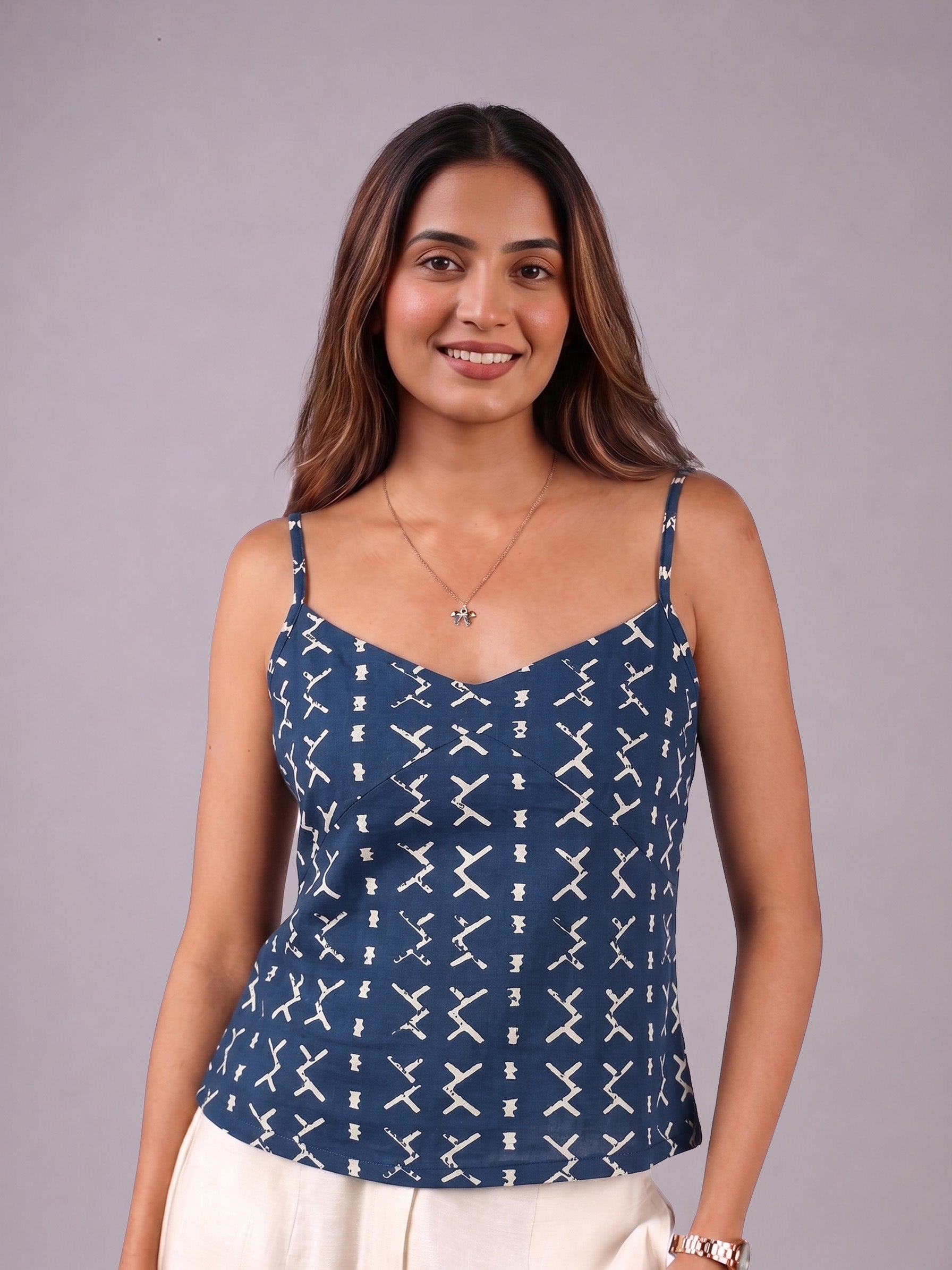 Cotton V Neck Top - Indigo