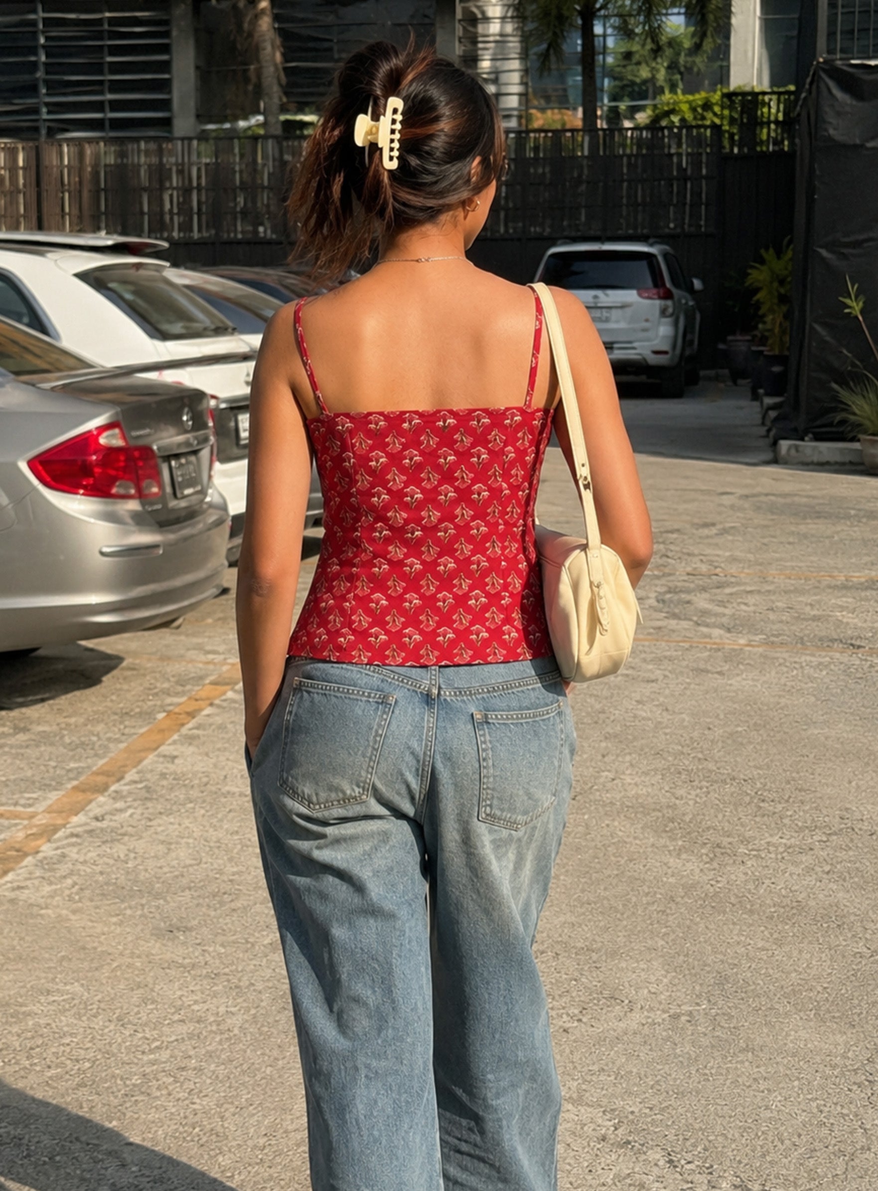 Cotton V Neck Top - Rose Red