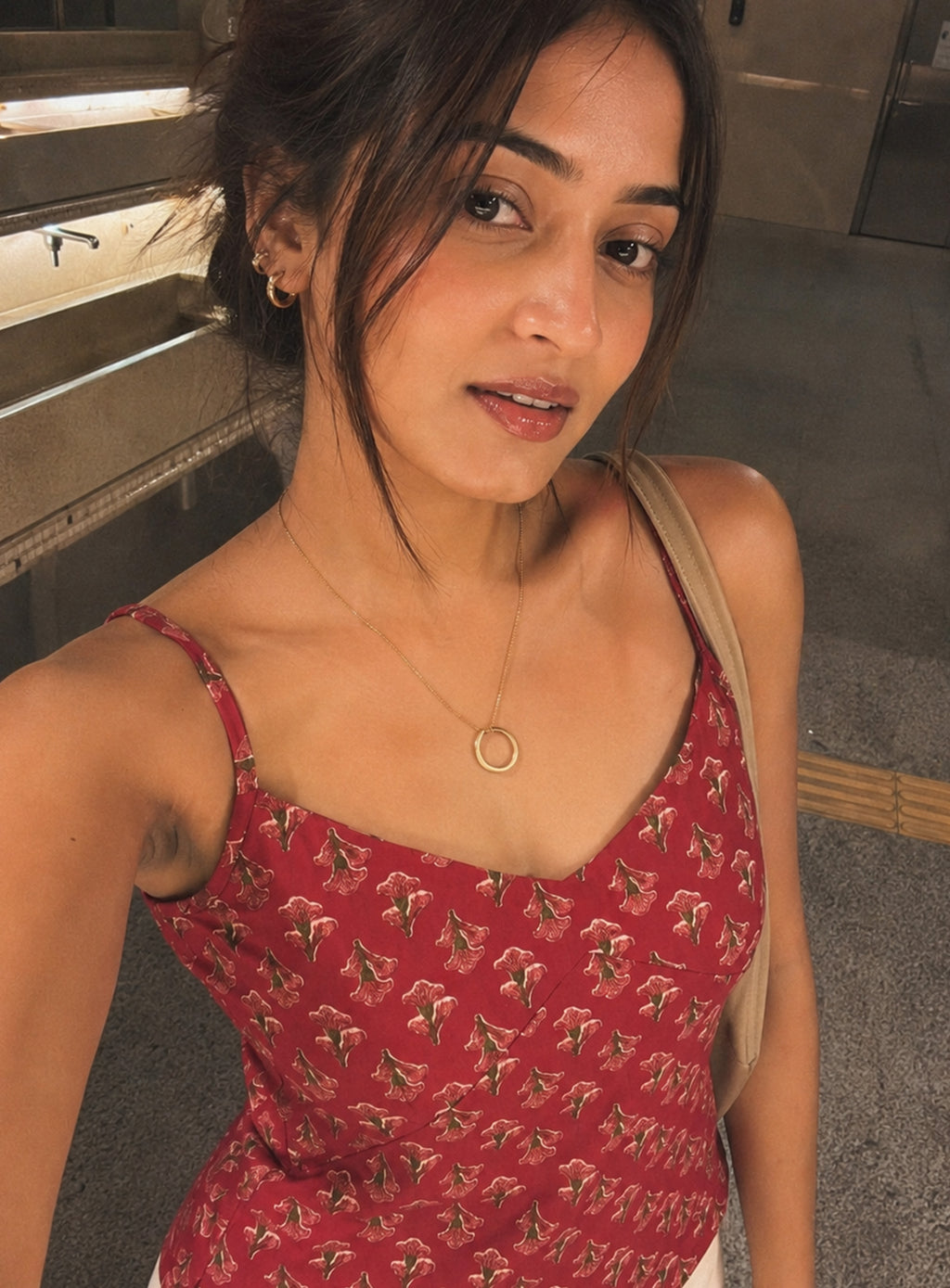 Cotton V Neck Top - Rose Red