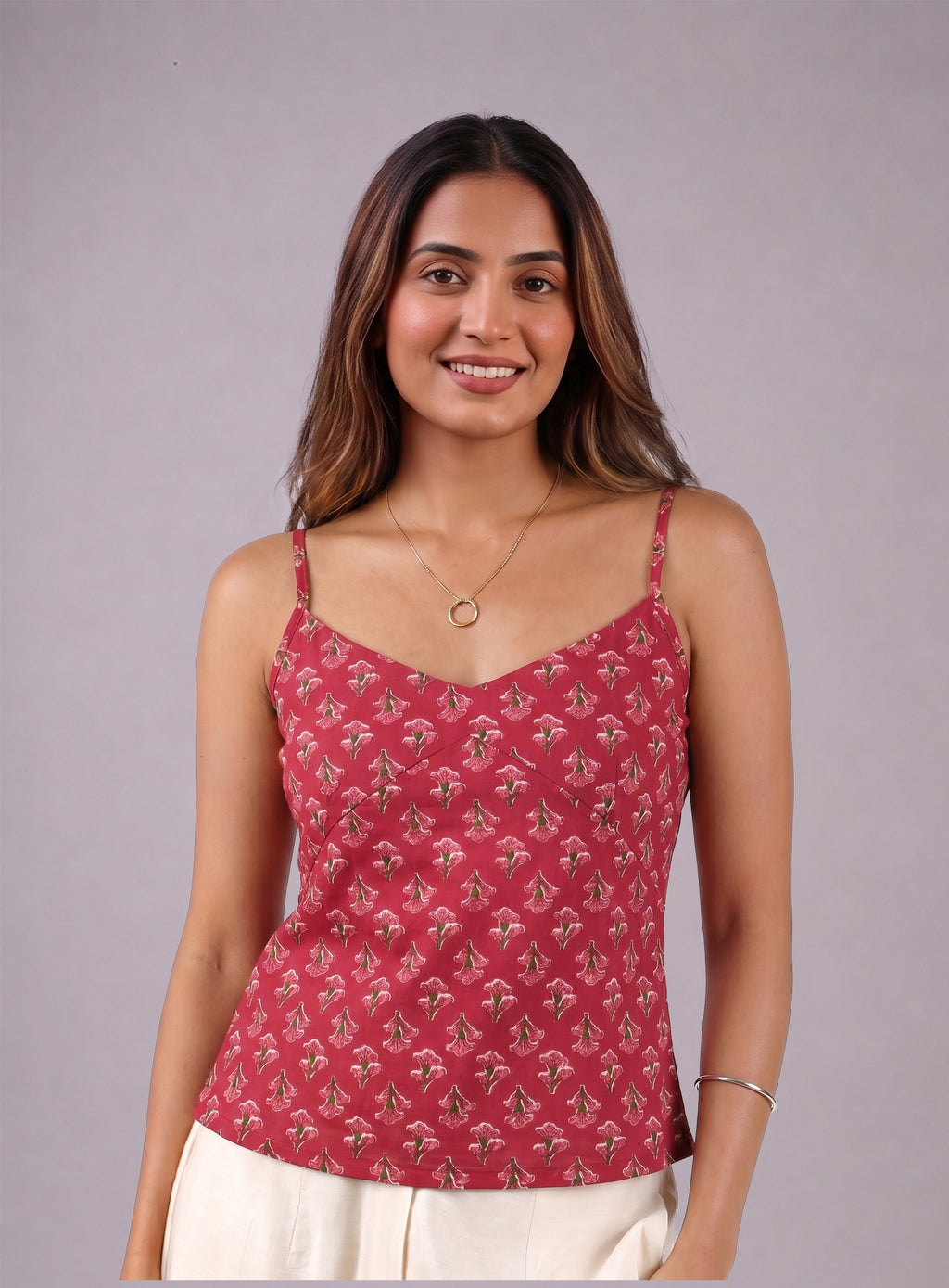 Cotton V Neck Top - Rose Red