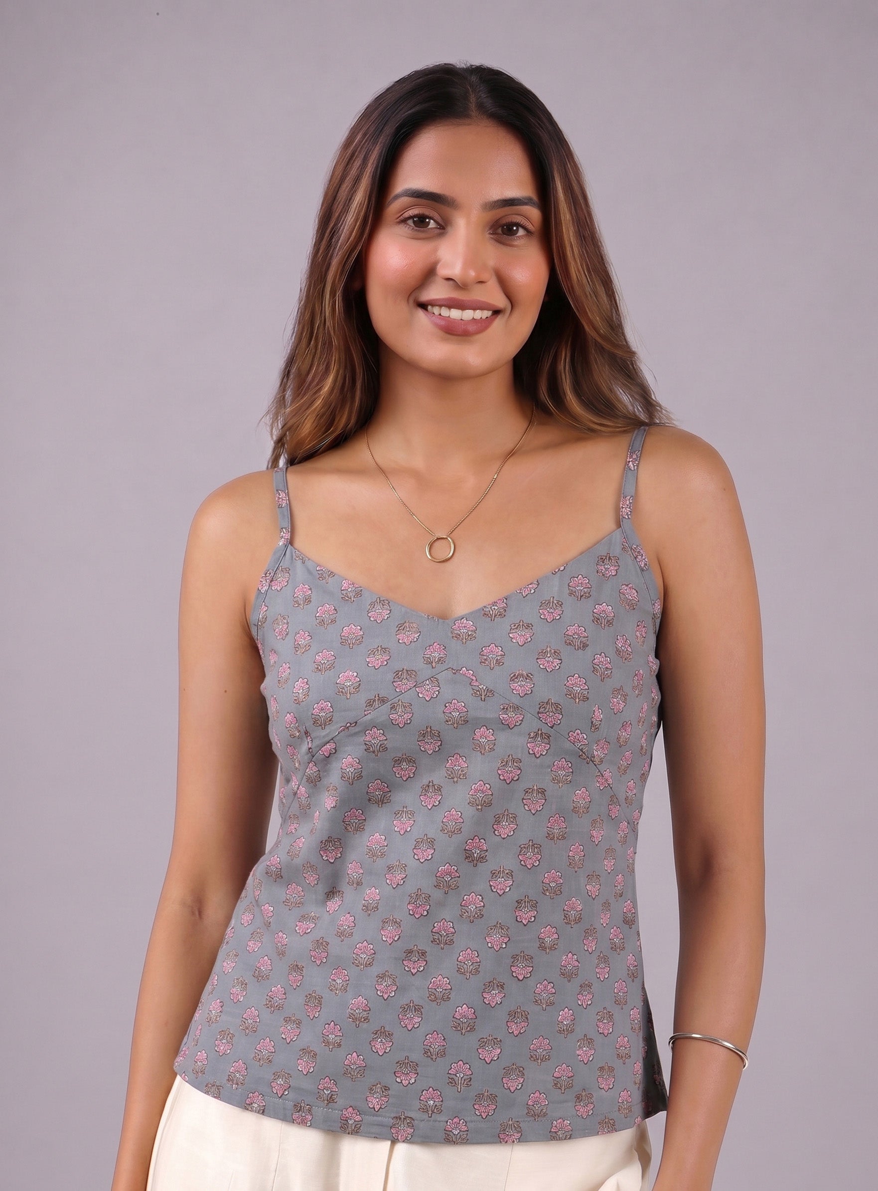Cotton V Neck Top - Grey
