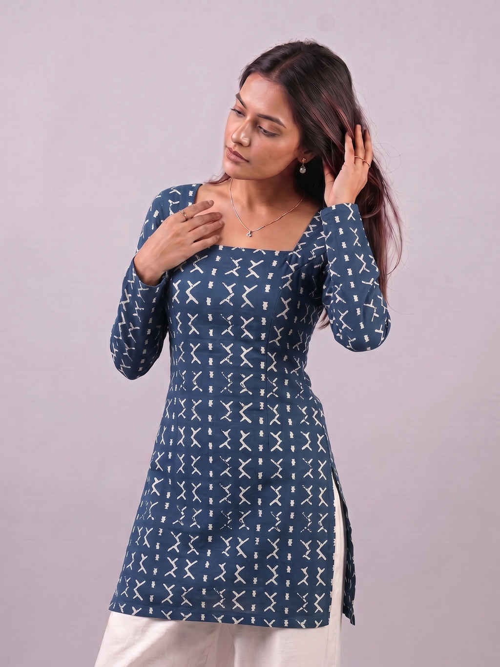 Cotton Square Neck Kurti Top – Indigo