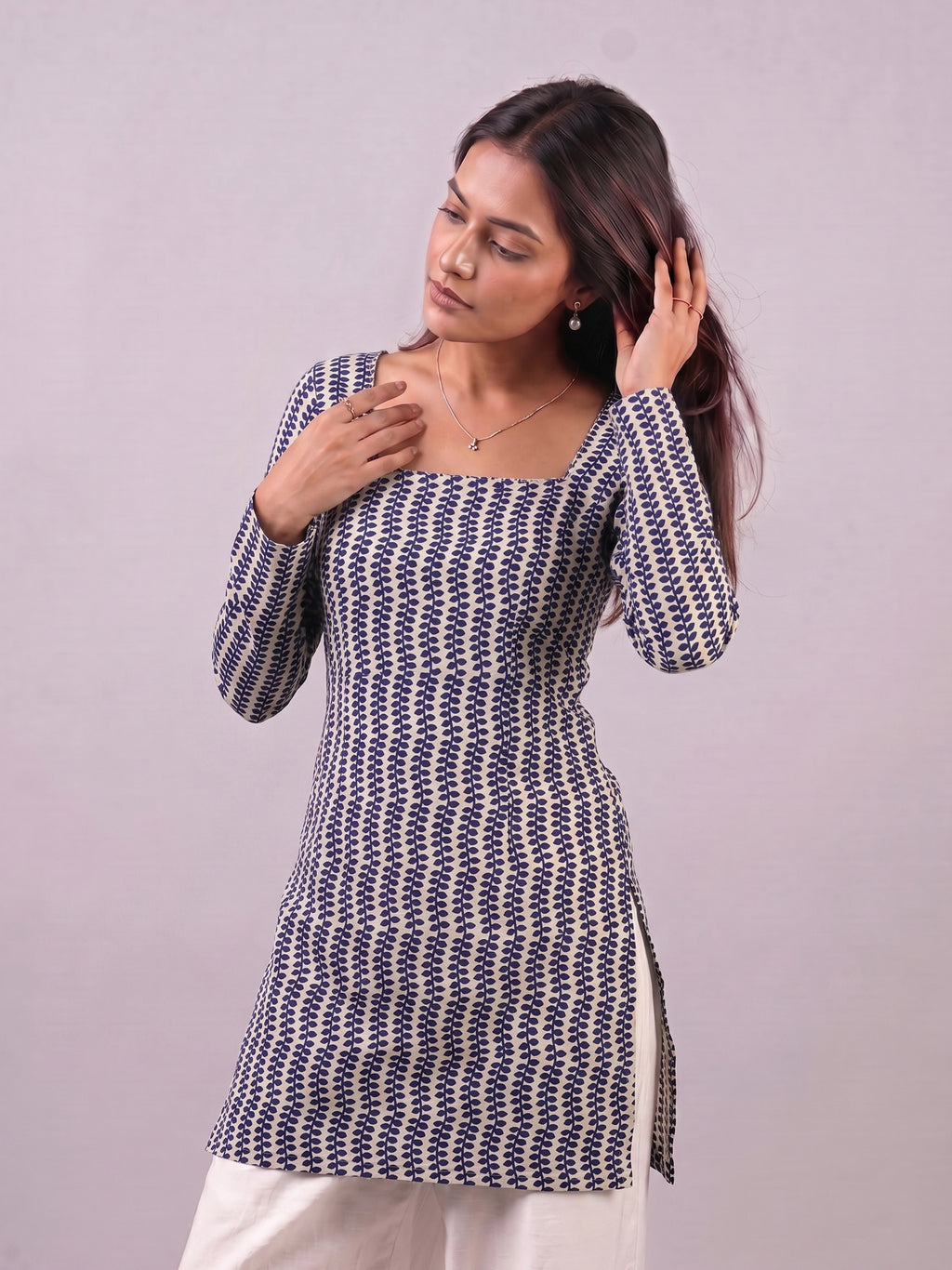 Cotton Square Neck Kurti Top – Off White Indigo