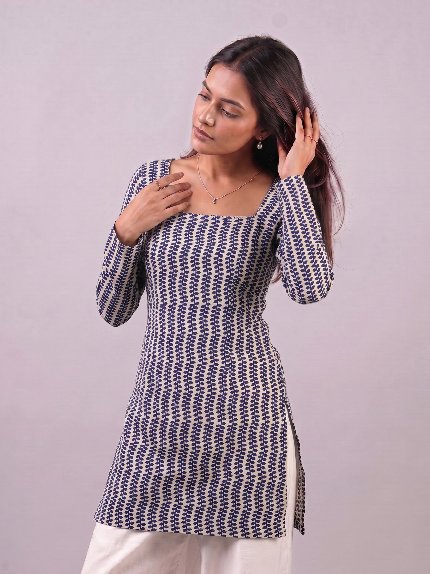 Cotton Square Neck Kurti Top – Off White Indigo