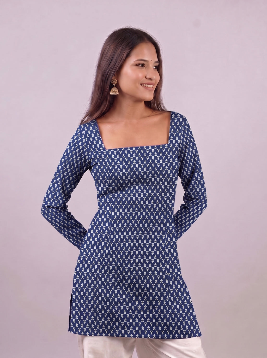 Cotton Square Neck Kurti Top – Navy Blue