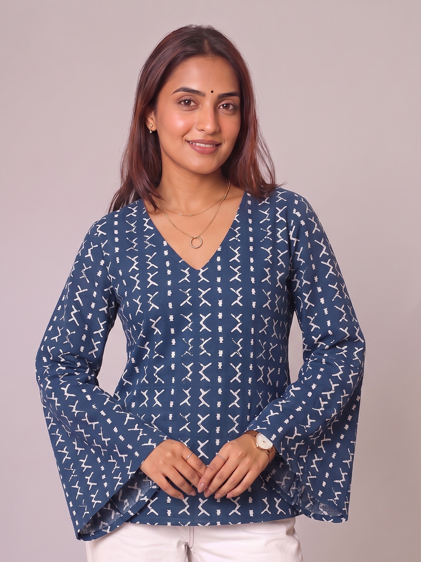 Cotton V-Neck Tunic Top – Indigo