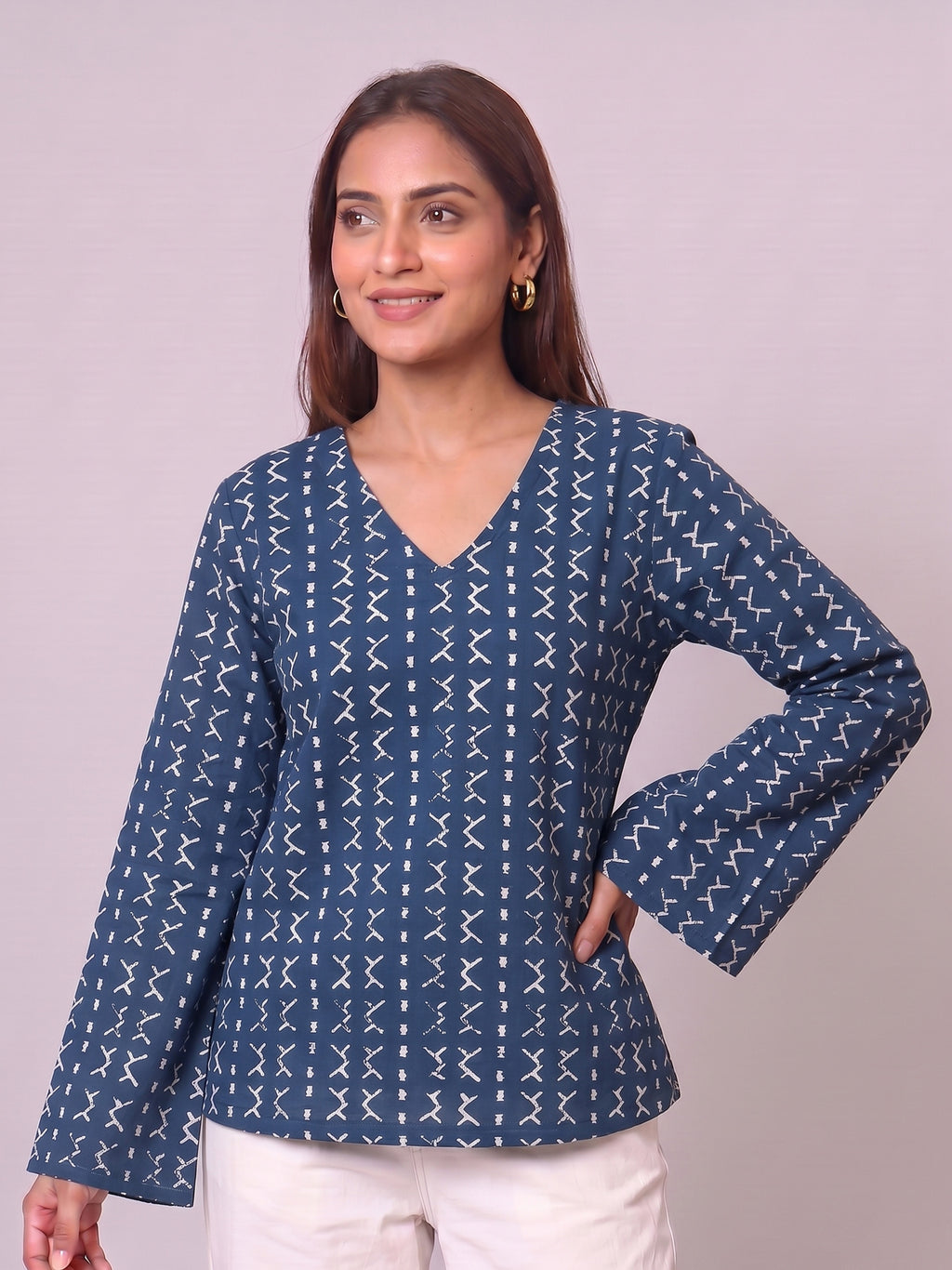 Cotton V-Neck Tunic Top – Indigo