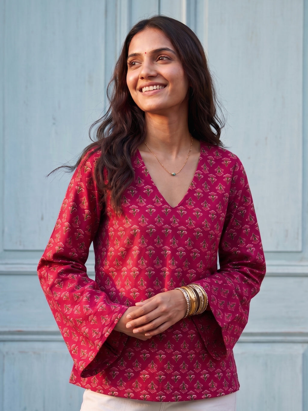 Cotton V-Neck Tunic Top – Rose Red