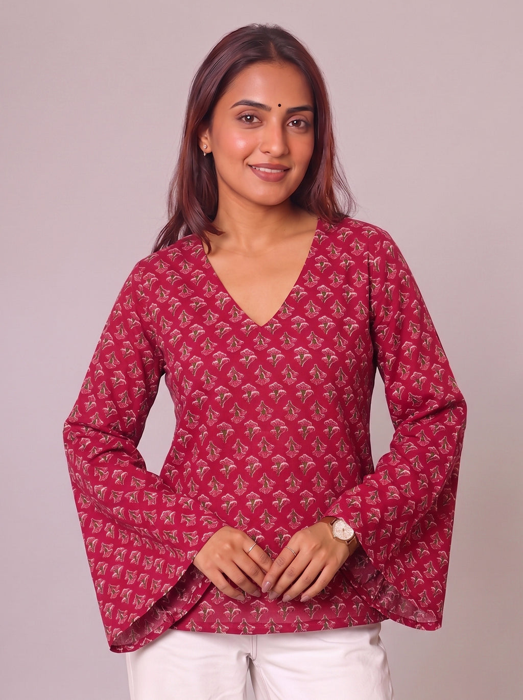 Cotton V-Neck Tunic Top – Rose Red