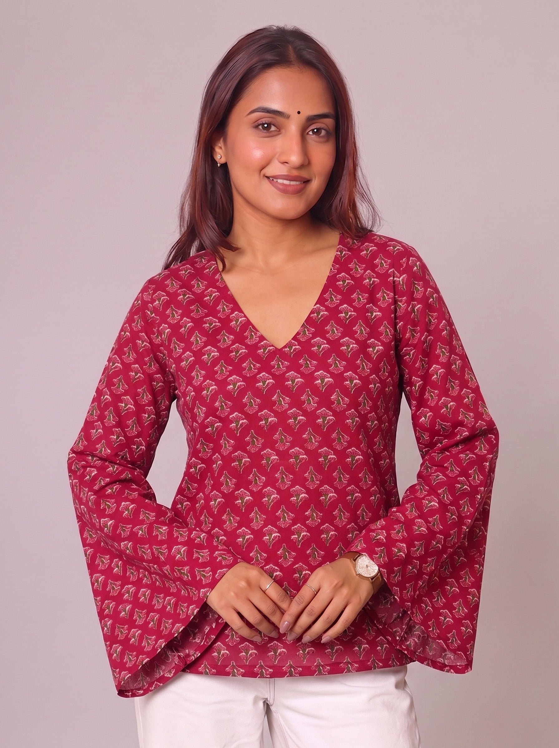 Cotton V-Neck Tunic Top – Rose Red