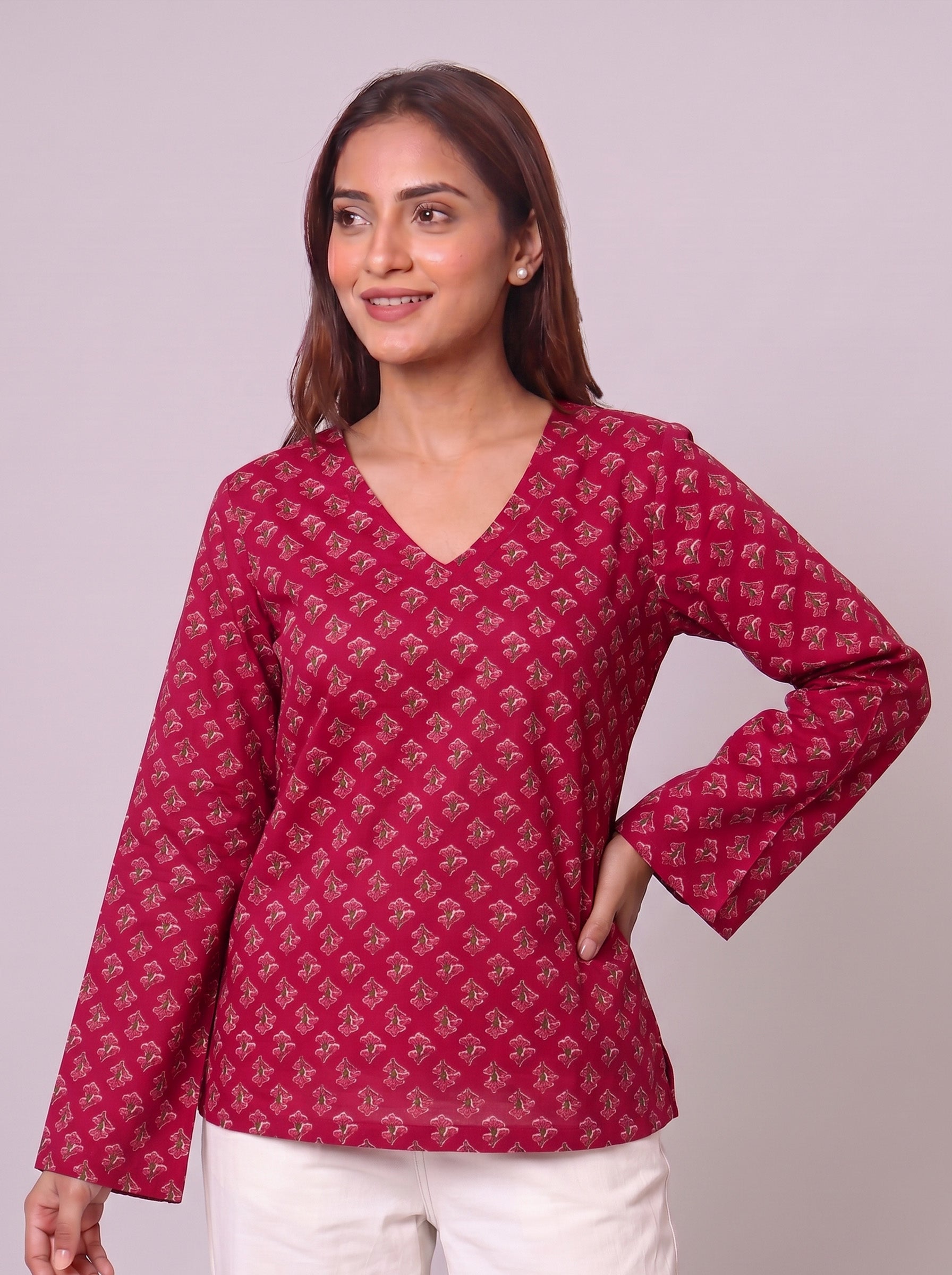 Cotton V-Neck Tunic Top – Rose Red