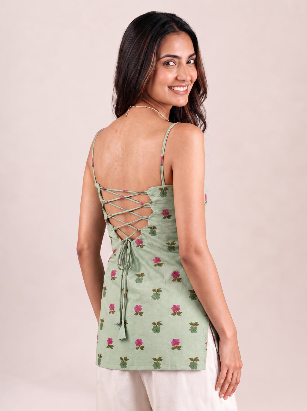Cotton Corset Back Kurti Top – Light Green