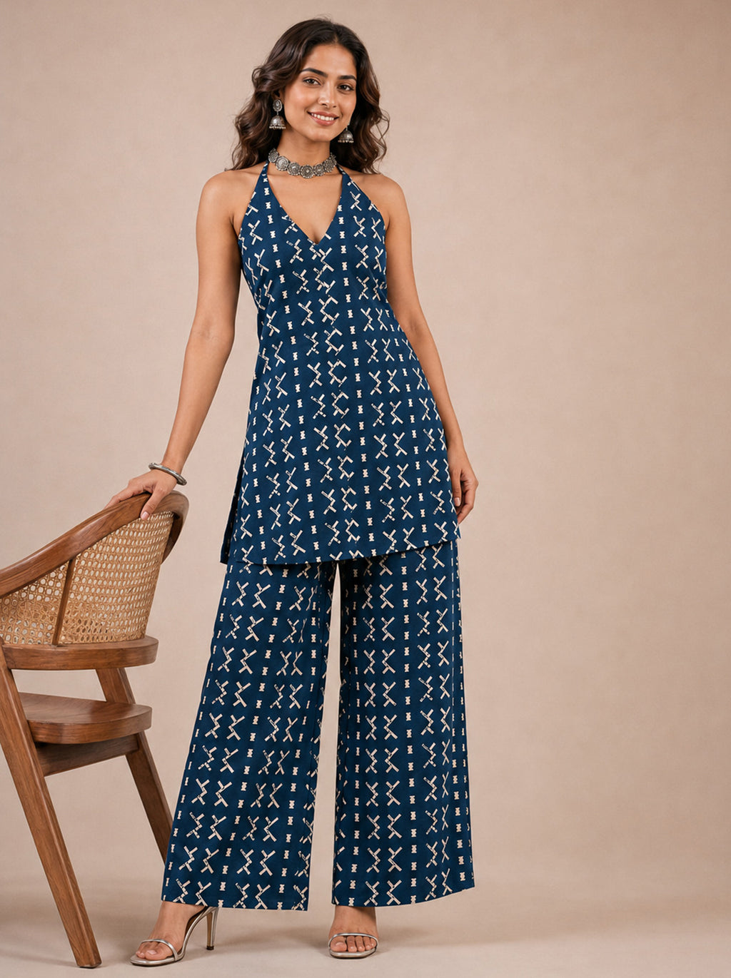 Cotton Halter Neck Kurti Palazzo Set – Indigo