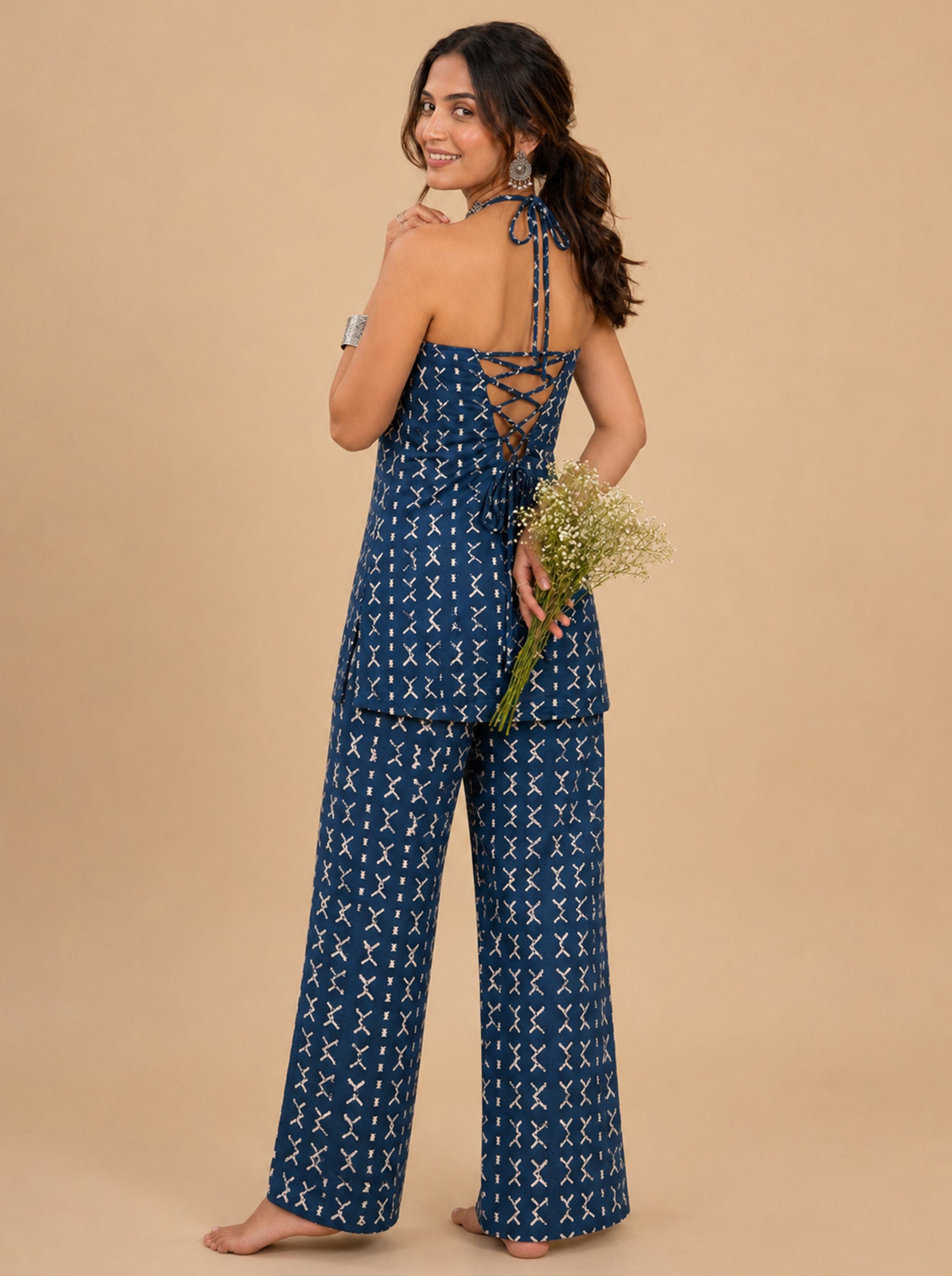 Cotton Halter Neck Kurti Palazzo Set – Indigo