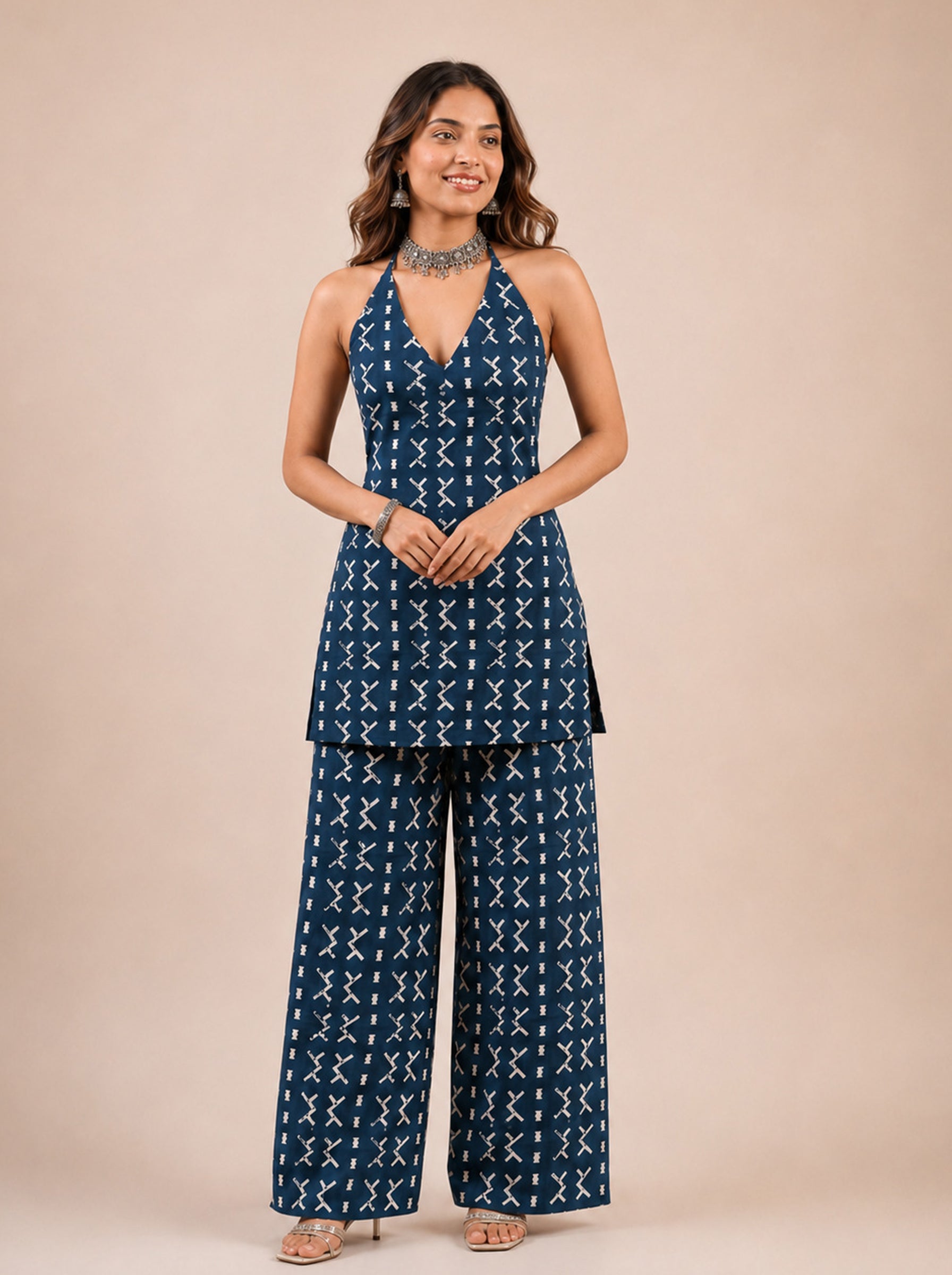 Cotton Halter Neck Kurti Palazzo Set – Indigo