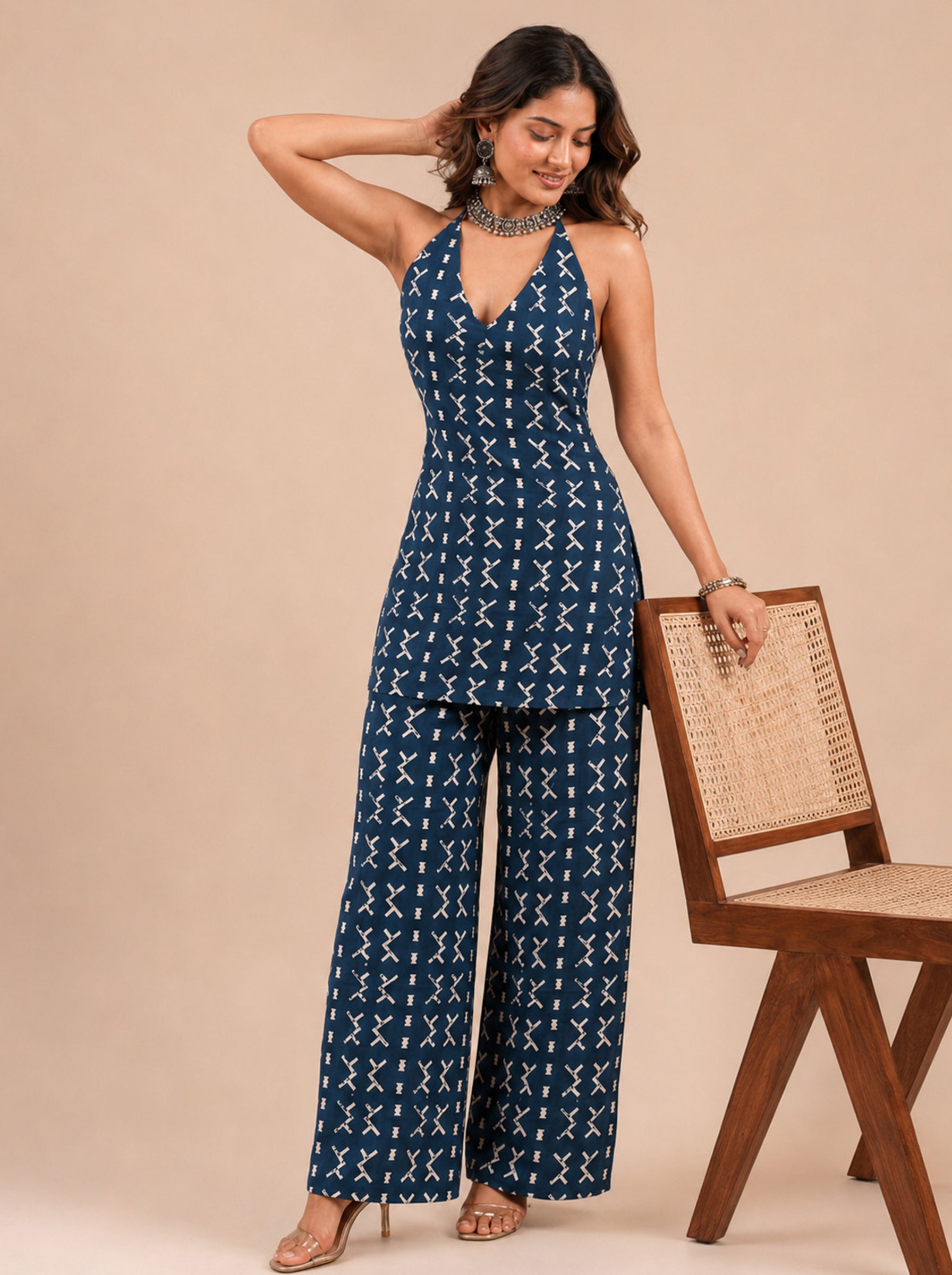 Cotton Halter Neck Kurti Palazzo Set – Indigo