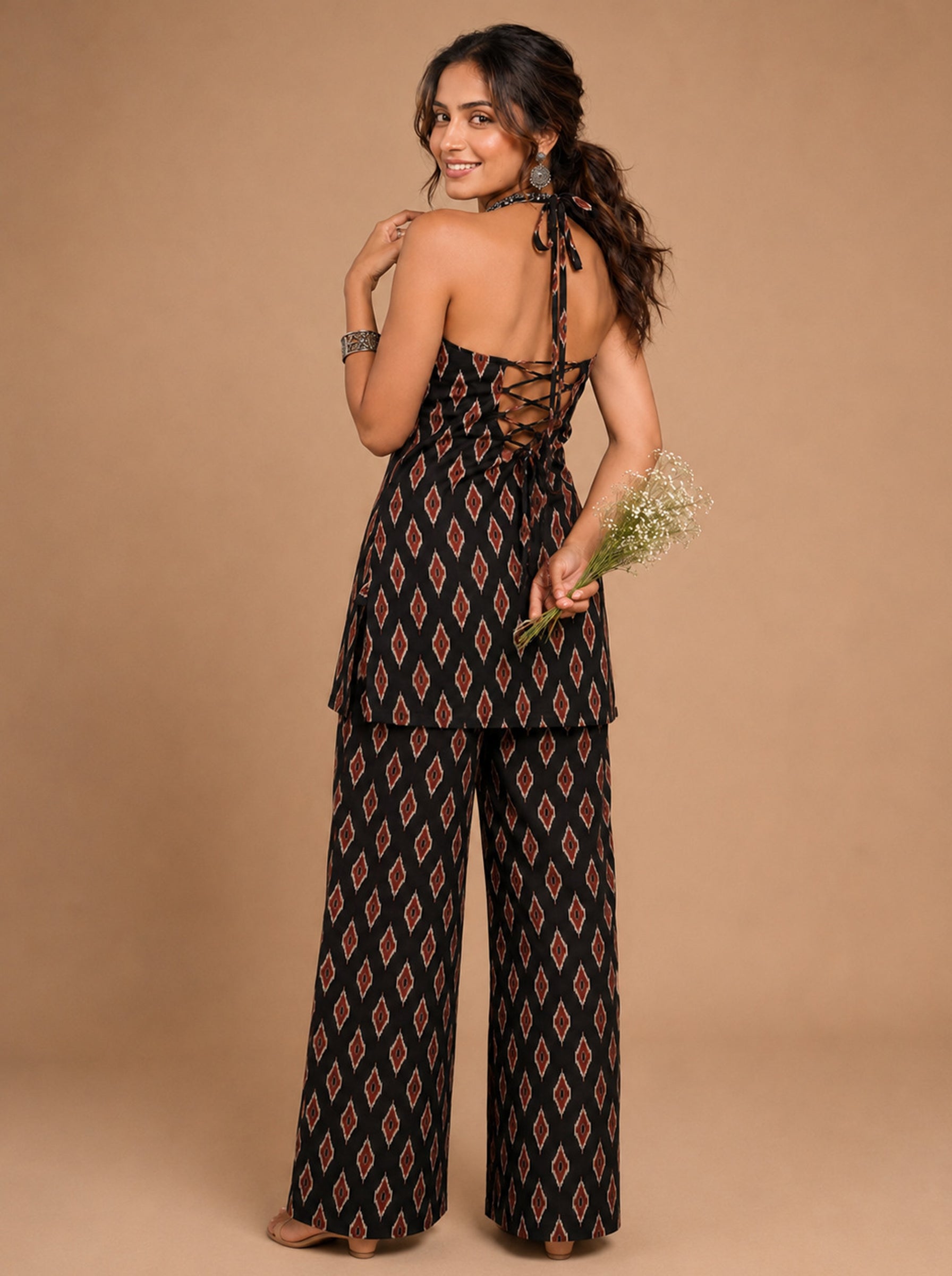 Cotton Halter Neck Kurti Palazzo Set – Black Ikat
